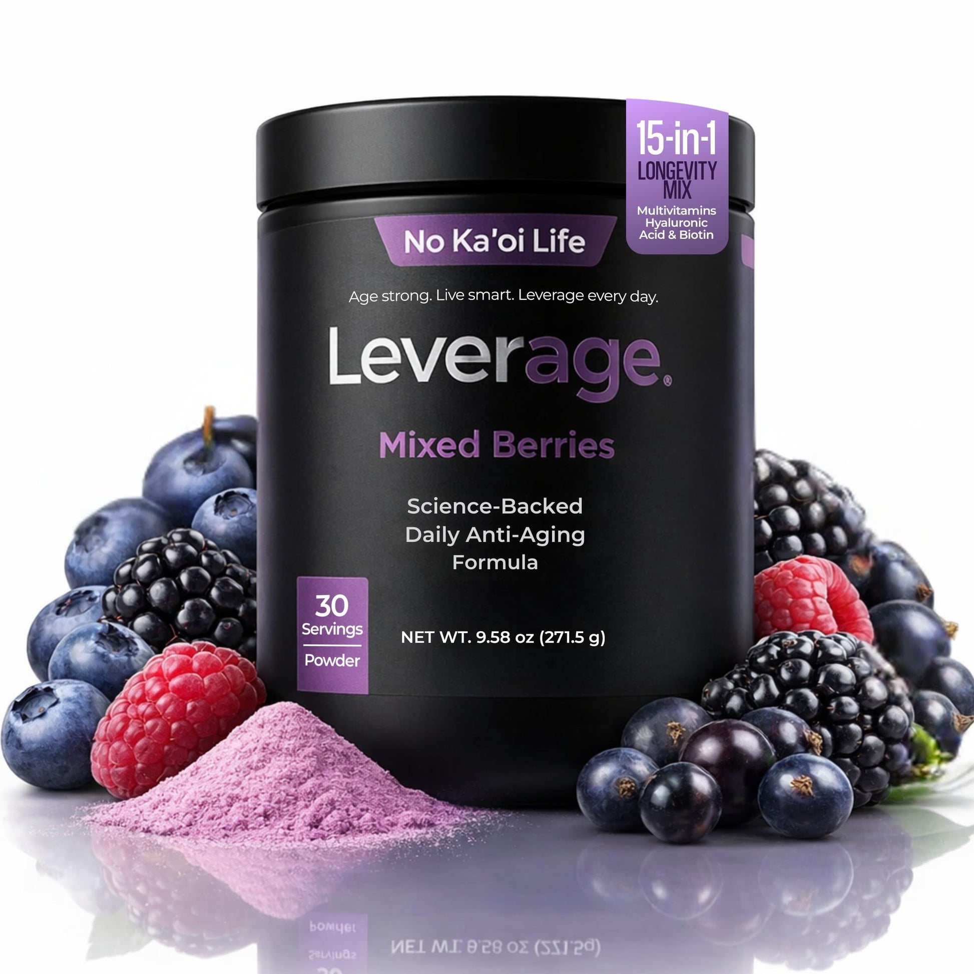 Leverage Mixed Berries Anti–Aging Supplement & Longevity Mix - Daily Wellness Multivitamin Powder with Hyaluronic Acid, L-Glycine & Magnesium for Skin, Energy, Cognitive Function & Joint–30 Servings Leverage uk supplements