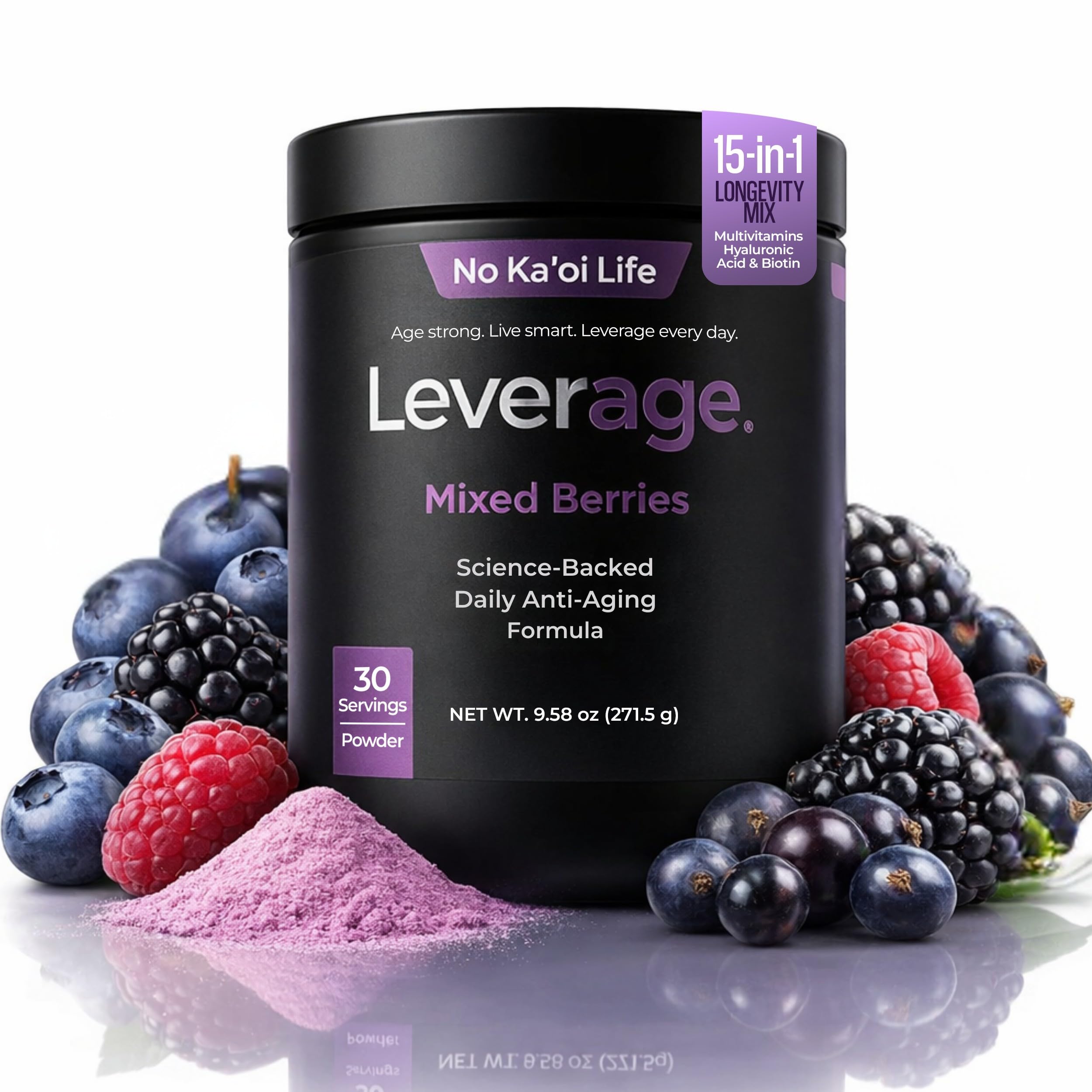 Leverage Mixed Berries Anti–Aging Supplement & Longevity Mix - Daily Wellness Multivitamin Powder with Hyaluronic Acid, L-Glycine & Magnesium for Skin, Energy, Cognitive Function & Joint–30 Servings Leverage uk supplements