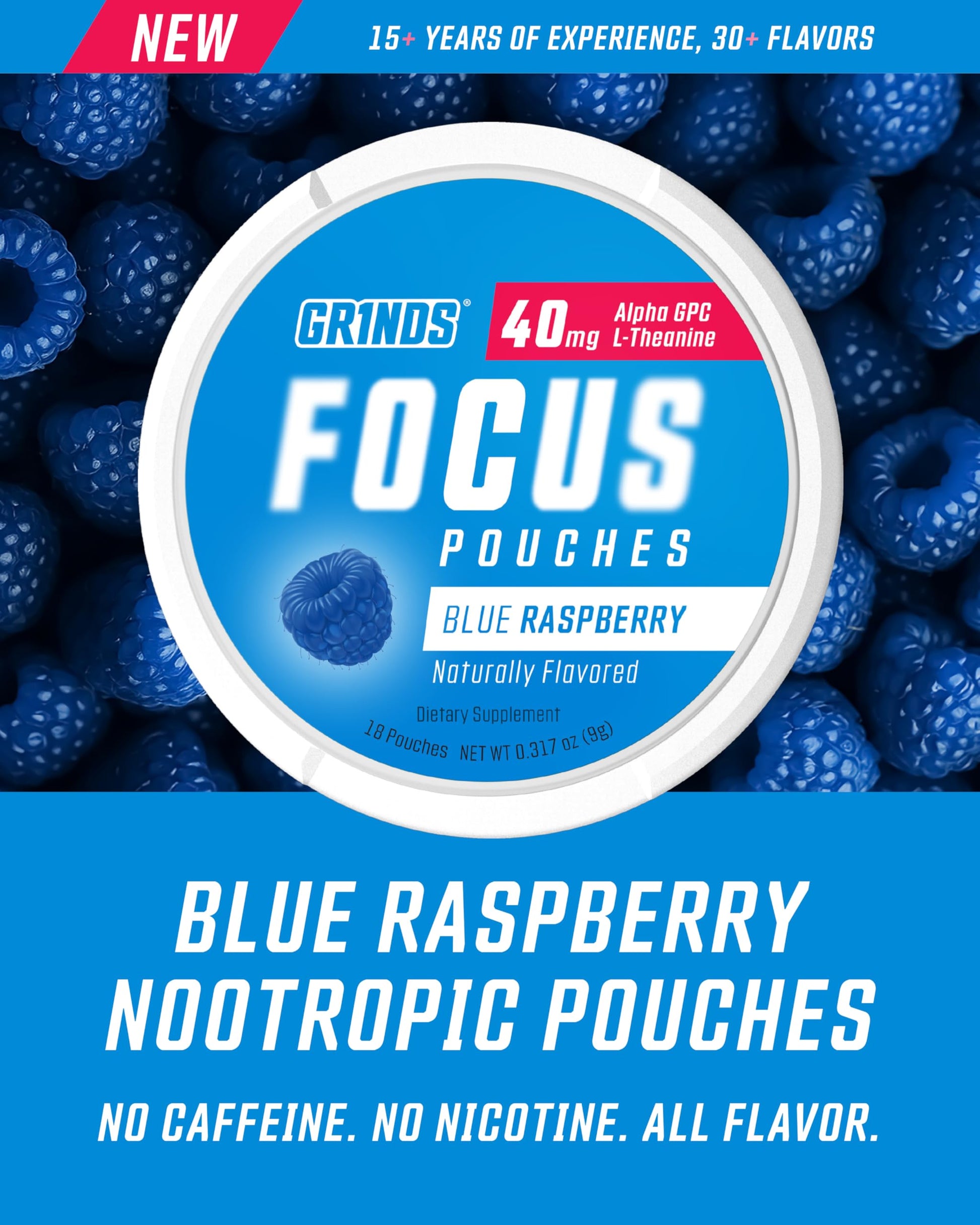 GRINDS Focus Pouches - Naturally Flavored with Nootropic Ingredients - Contains Alpha GPC and L-Theanine - Nicotine-Free, Sugar-Free - 3 Pack, 18 Pouches Per Can - Blue Raspberry GRINDS uk supplements