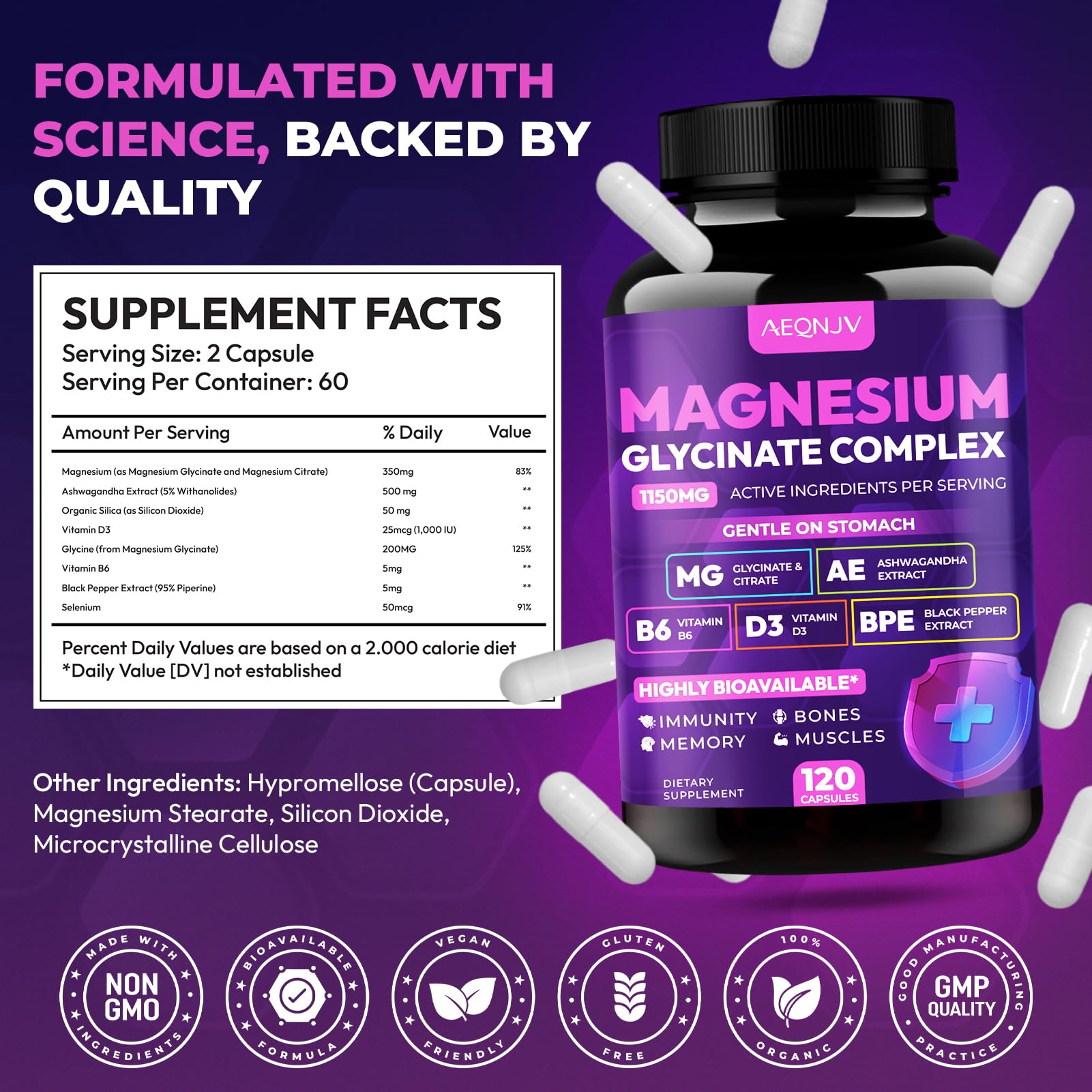 Magnesium Glycinate Complex 1150mg - Gentle on Stomach High Absorption Magnesium Capsules with Citrate, Silica, Ashwagandha & Vitamin B6 for Zzz, Stress Relief, Muscle Support for Adults, Women & Men AEQNJV uk supplements