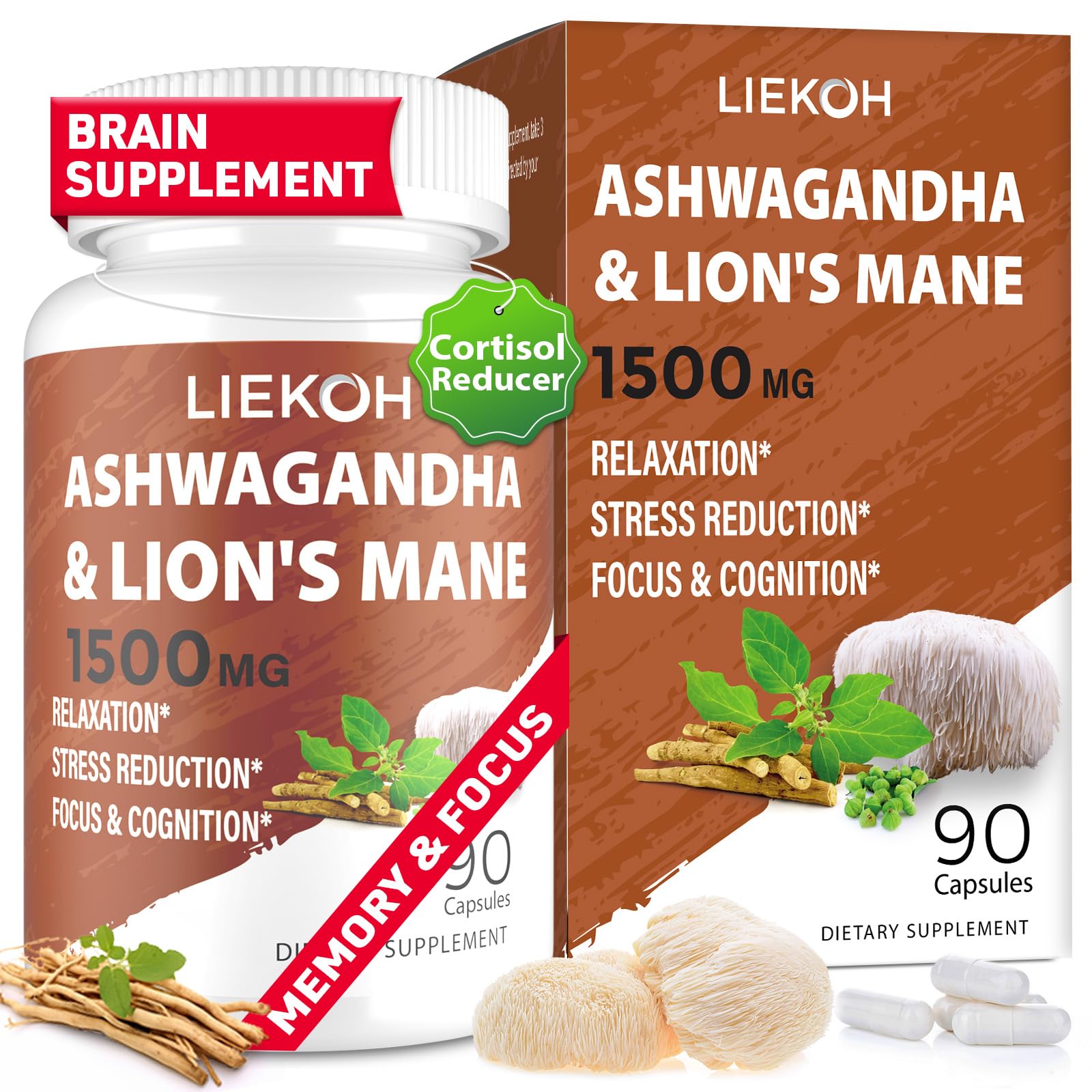 Liekoh Ashwagandha & Lions Mane Supplement Capsules, Brain Supplements for Memory and Focus, Ashwagandha Supplement with Rhodiola & Black Peppe, Cortisol Supplements for Women & Men,90 Caps Liekoh uk supplements