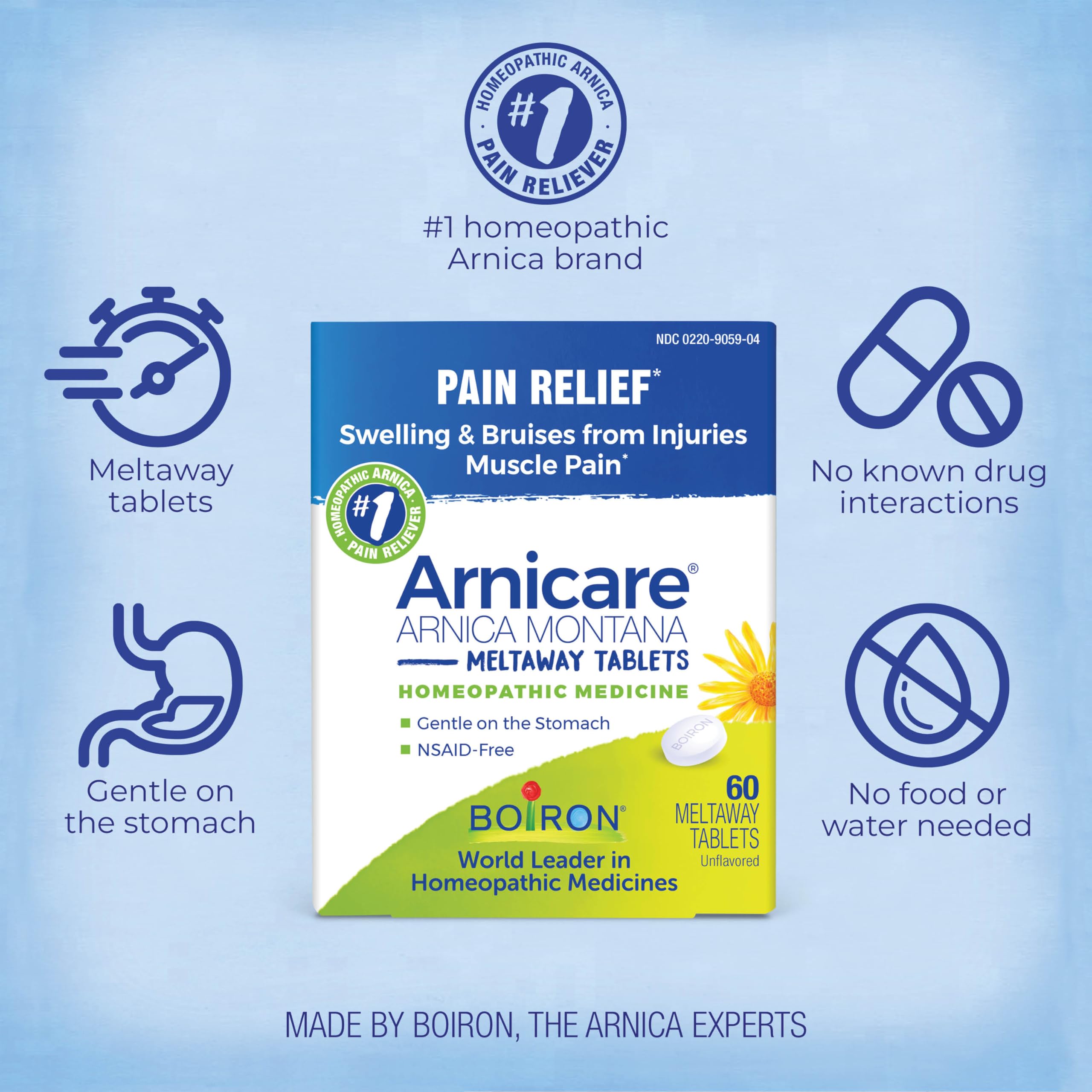 Boiron Arnicare Tablets - 100 Count for Pain Relief from Muscle Pain, Joint Soreness, Swelling from Injury or Bruises - Arnica Meltaway Tabs Boiron uk supplements