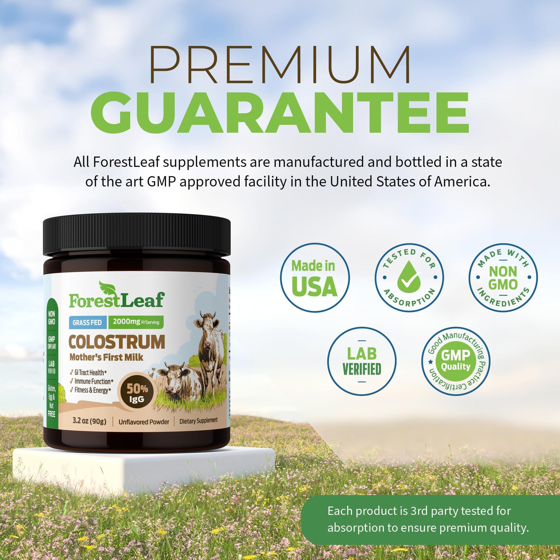ForestLeaf Colostrum Powder 50% IgG Highest Pure Concentration, Grass Fed Colostrum Supplement for Gut Health, Immune Support and Muscle Recovery, Bovine Colostrum for Humans, Unflavored, 45 Servings ForestLeaf uk supplements