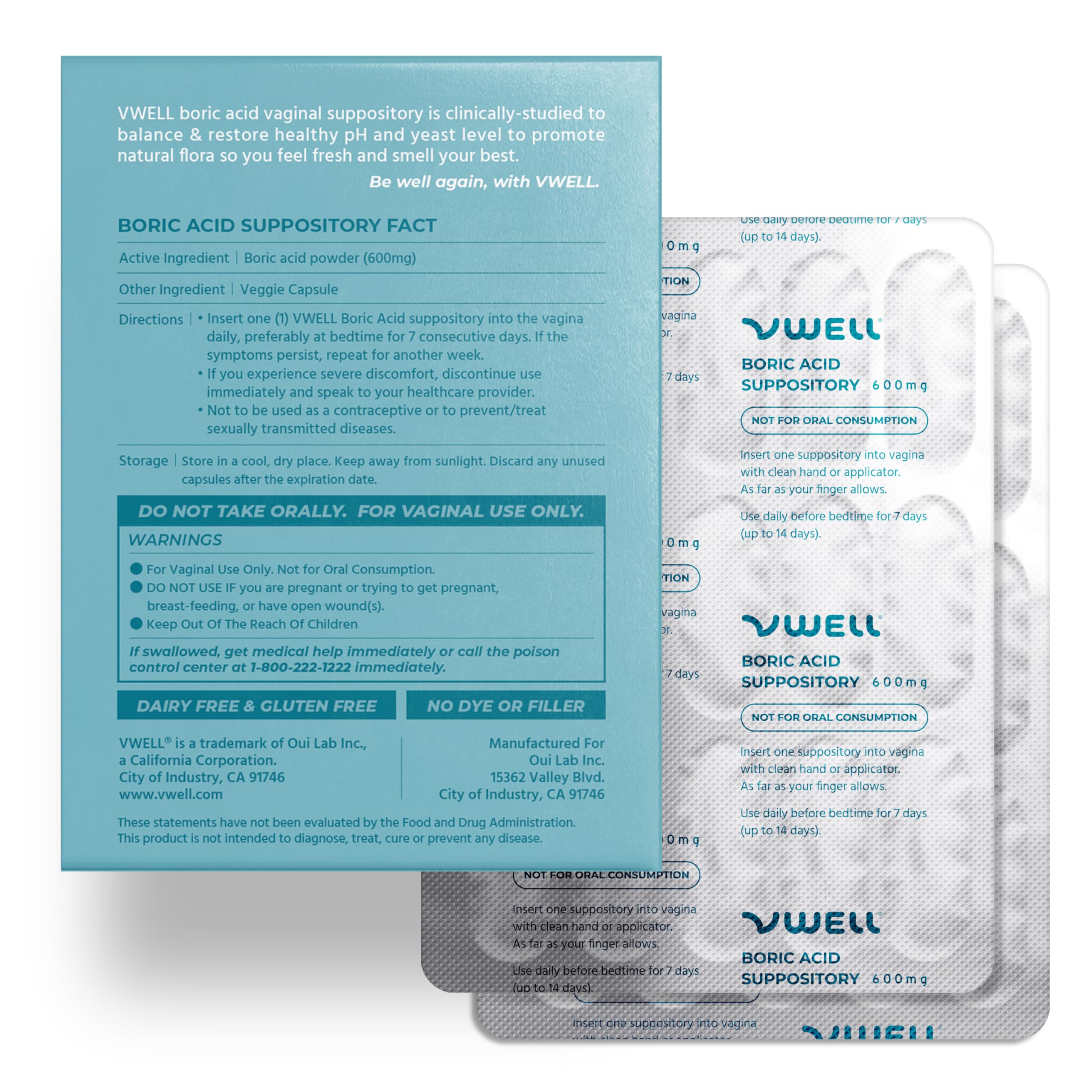 VWELL Boric Acid Vaginal Suppositories - Homeopathic Solution Maintains and Balances Healthy Vaginal pH & Microbiome Intimacy - Doctors Recommended (One Size, 30, Count) VWELL uk supplements
