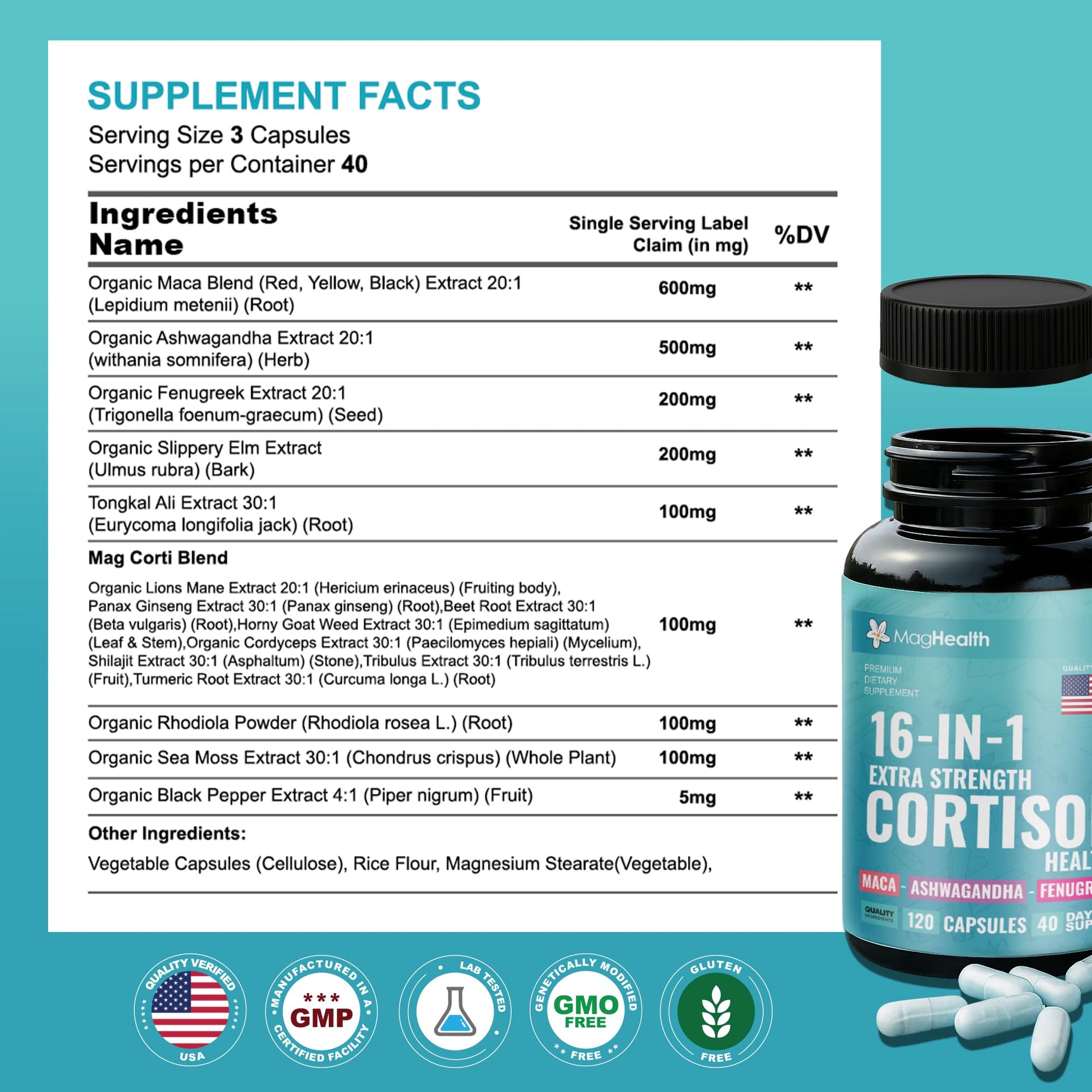 Cortisol Complex 16-in-1 Supplement for Women & Men | Stress Support Manager with Organic Ashwagandha, Maca Root, Rhodiola Rosea & Shilajit | Adaptogen Blend for Balance & Energy | 120 Capsules MagHealth uk supplements