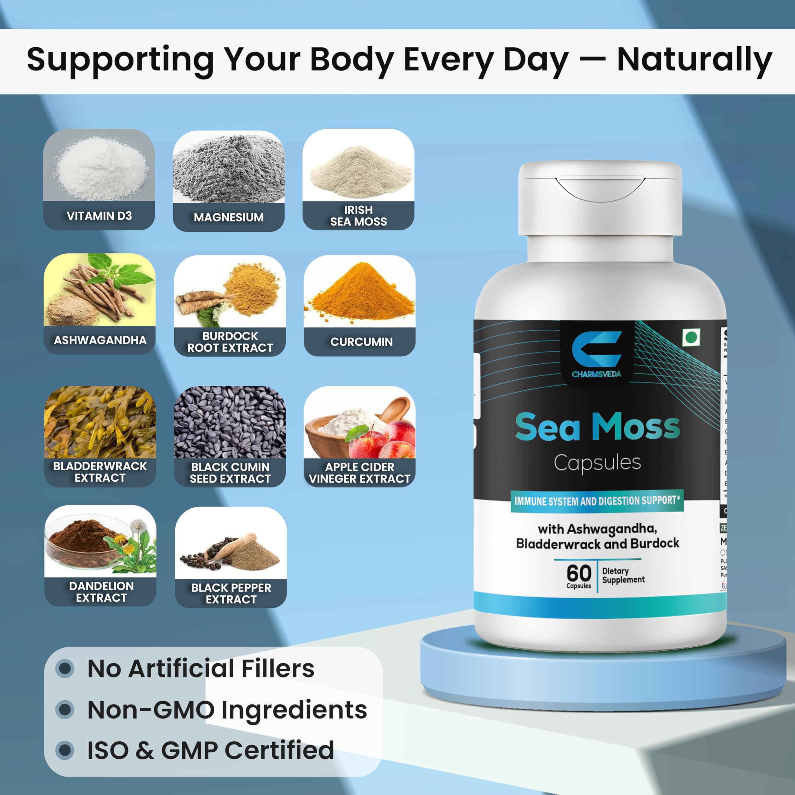 CHARMSVEDA Sea Moss Capsules with Ashwagandha, Bladderwrack & Burdock – Overall Wellness & Immune Support, Support Digestive & Gut Health* – 60 Vegan Capsules CHARMSVEDA uk supplements