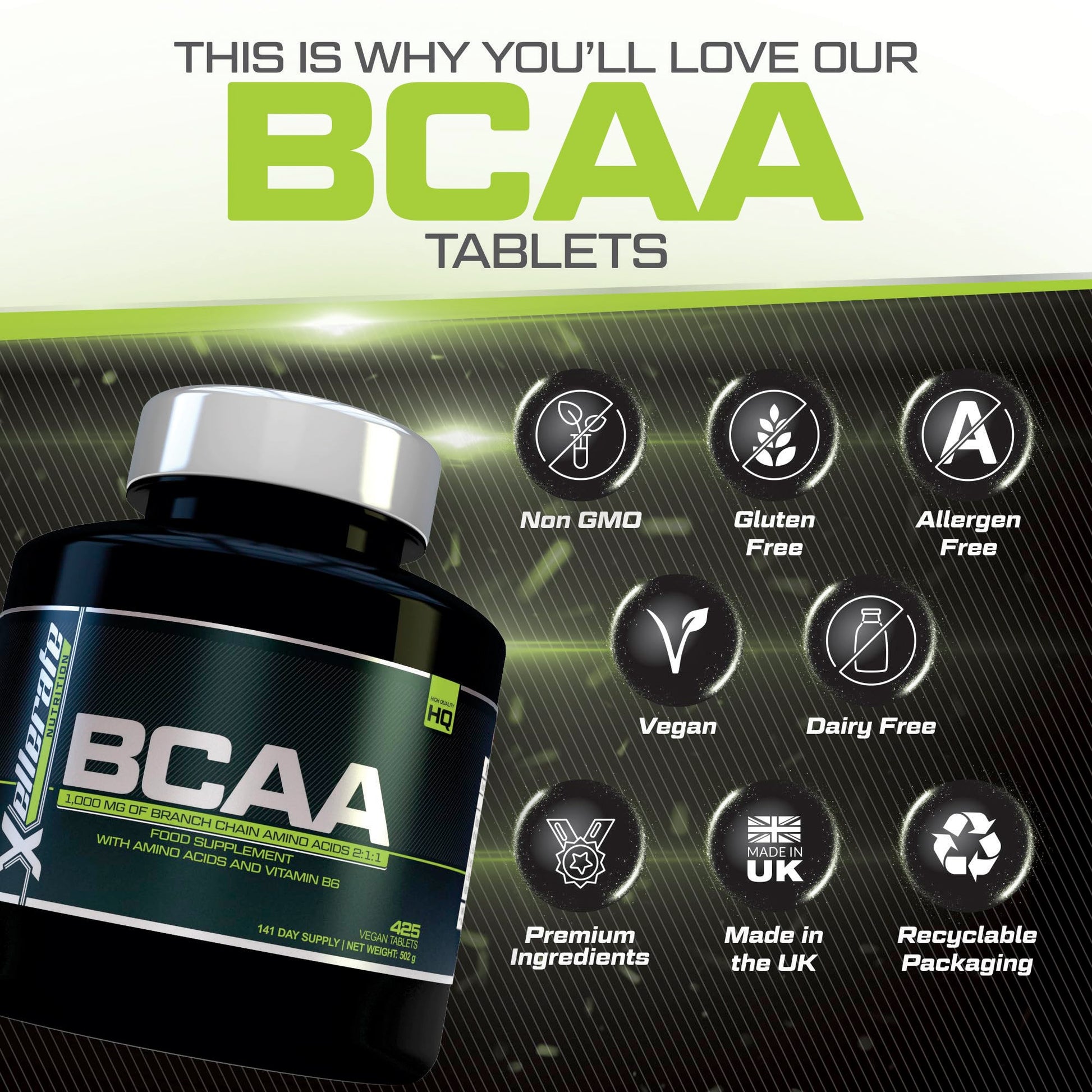 BCAA 1000mg - 425 Vegan Tablets - 3000mg Daily Serving - 141 Day Supply - 2:1:1 BCAAs Xellerate NUTRITION uk supplements