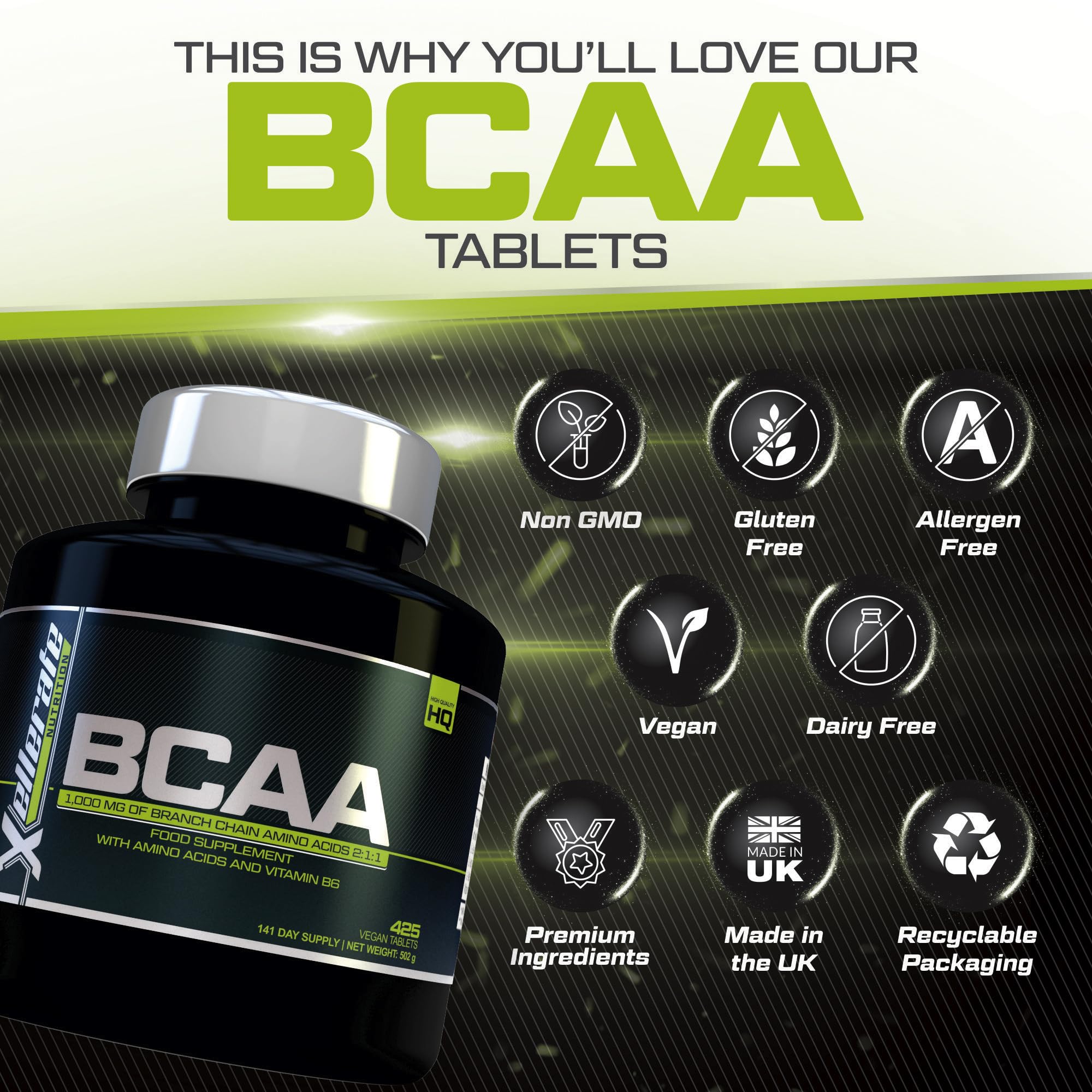 BCAA 1000mg - 425 Vegan Tablets - 3000mg Daily Serving - 141 Day Supply - 2:1:1 BCAAs Xellerate NUTRITION uk supplements