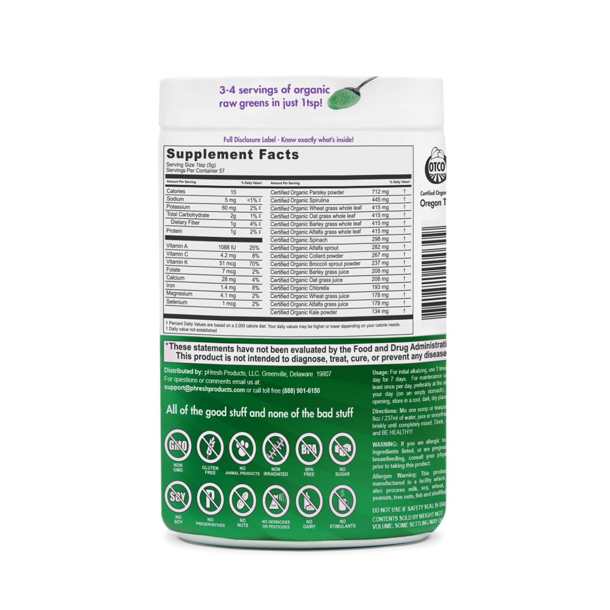 pHresh - Greens Raw Alkalizing Superfood Greens Powder - 2 Month Supply - Vegan, Kosher, Gluten Free - Natural Enzymes, Nutrients - Approved for Intermittent Fasting - 10 oz Phresh Products uk supplements