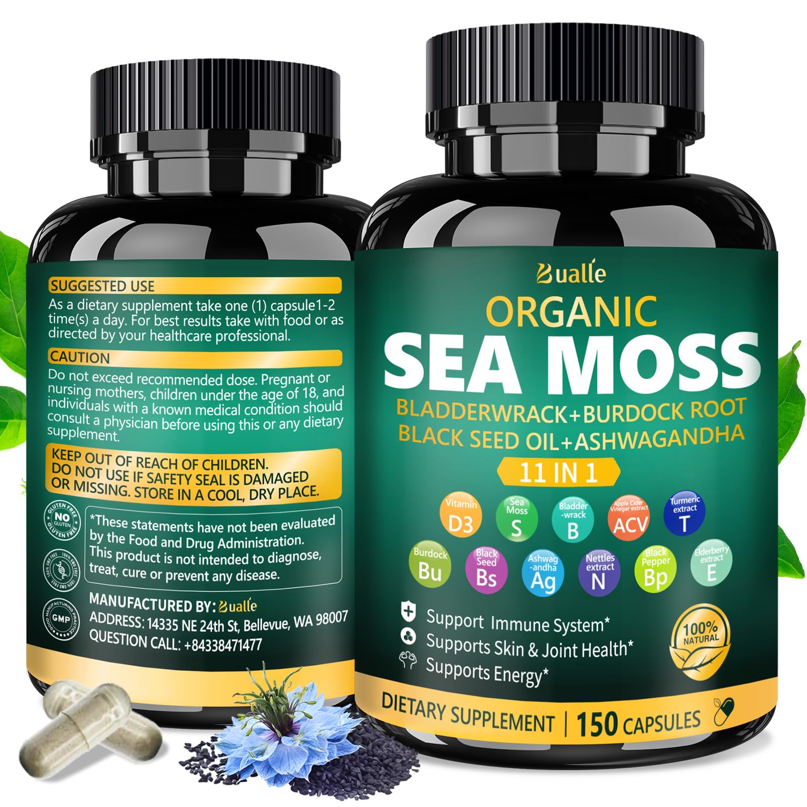 Bualle Irish Sea Moss Capsules – Organic Sea Moss, Black Seed Oil, Ashwagandha Supplements with Bladderwrack, Ginger & Burdock Root – Supports Daily Wellness, Skin & Energy – 150 Count (1 Pack) Bualle uk supplements