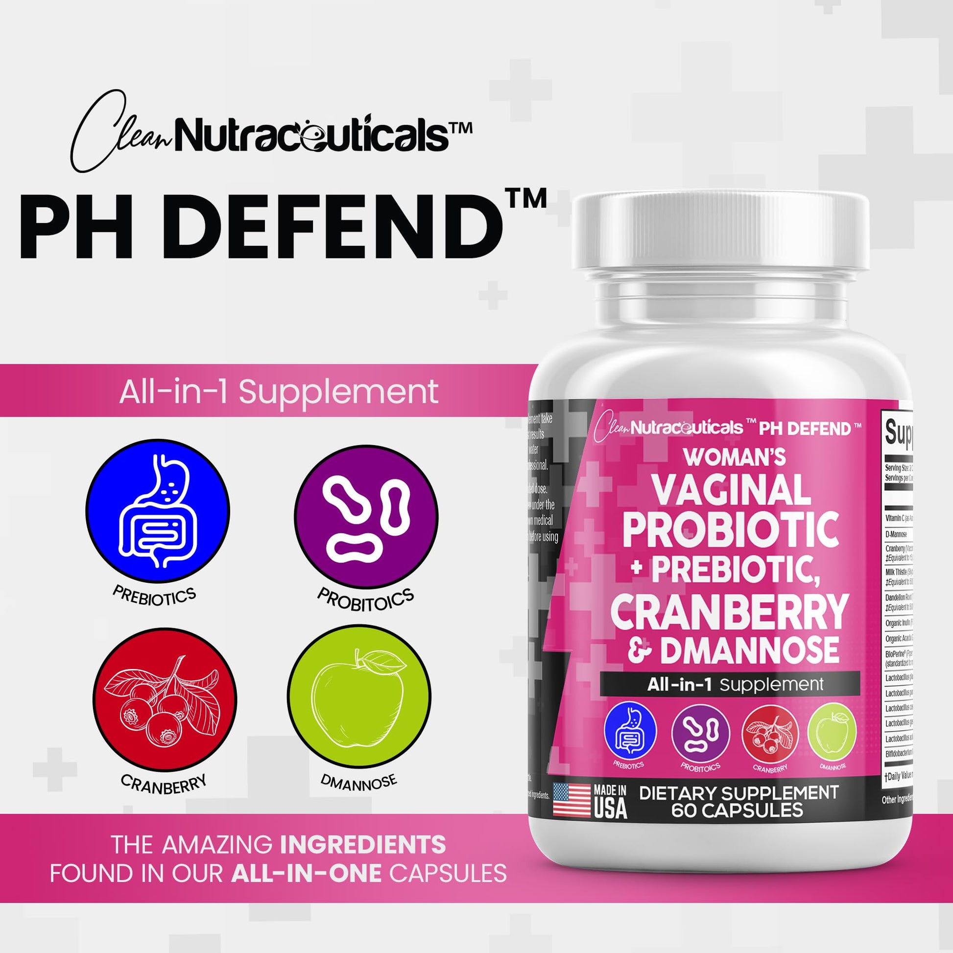 Vaginal Probiotics For Women + Prebiotics 20 Billion Cranberry Pills 30,000mg w/ D-Manno Clean Nutraceuticals uk supplements