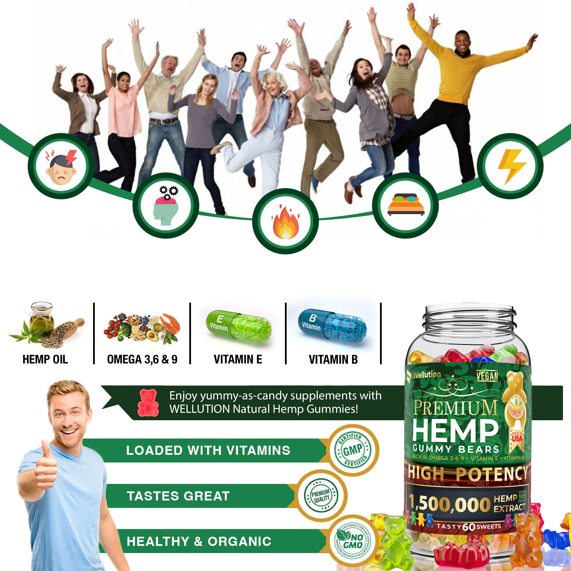 Wellution Hemp Gummies 1,500,000 XXL High Potency - Fruity Gummy Bear with Hemp Oil Wellution uk supplements