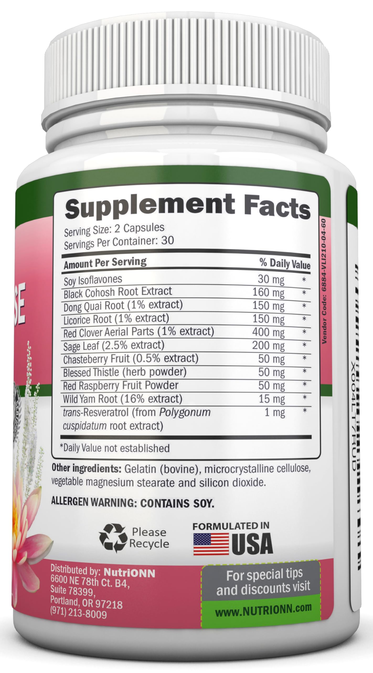 NutriONN Perimenopause Supplement for Women - Natural Support for Hot Flashes & Night Sweats - Improved Mood & Sleep - 11 Herbal Ingredients with Black Cohosh & Red Clover - Hormone Balance - Non-GMO NutriONN uk supplements