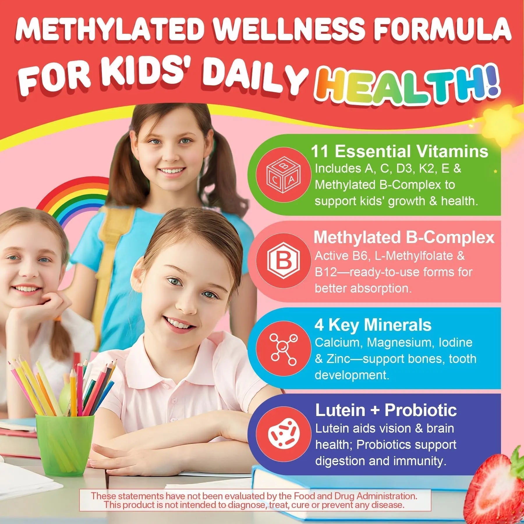 Kids Multivitamin Gummies + Calcium, Probiotics, Vitamin D3, C, Methylated B12 & Methylfolate, B6, A, K2, E, Zinc NEVISS uk supplements