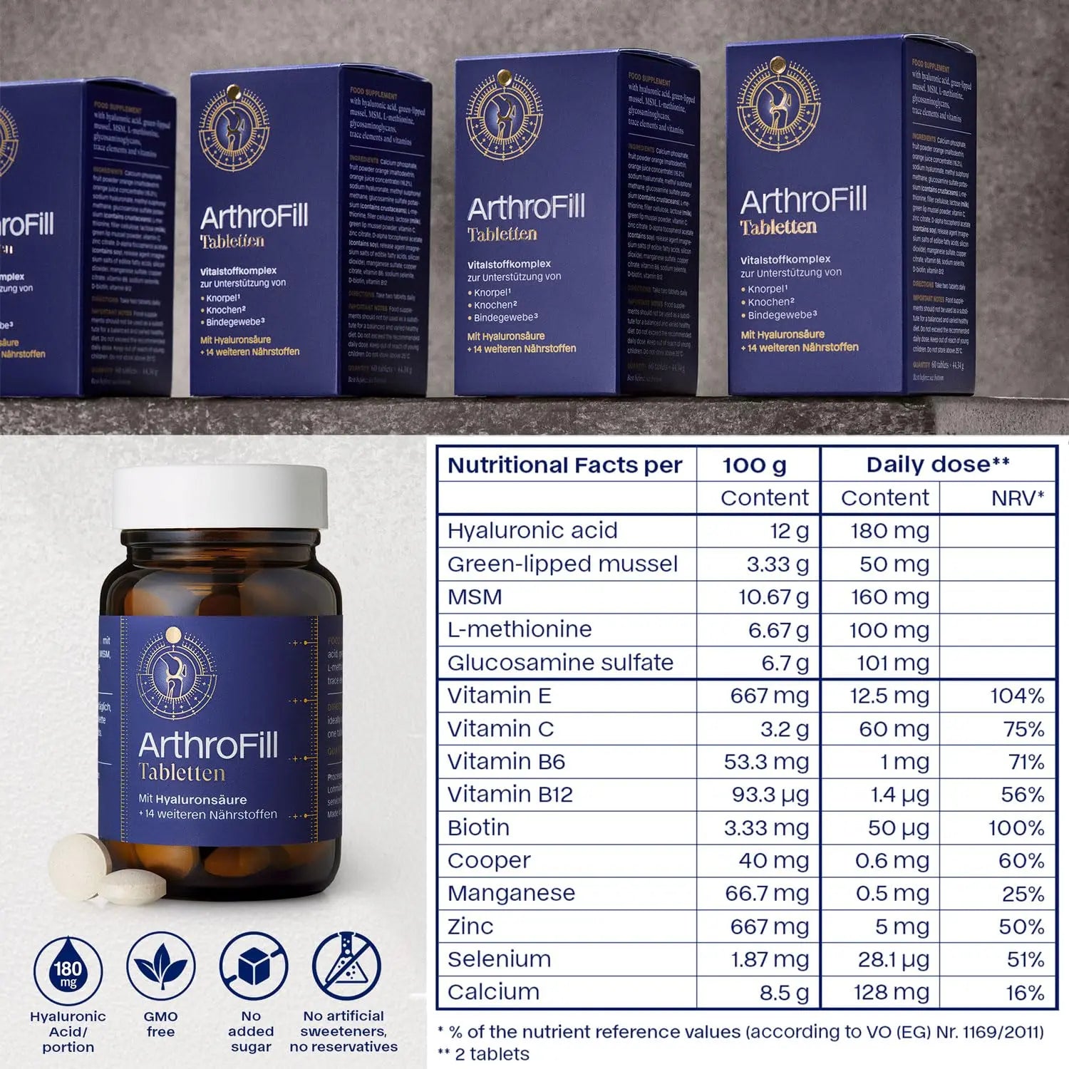 ArthroFill™ Tablets - Proven European Joint Relief - Vegan Hyaluronic Acid - Nutrient Complex - Support Active Movement Functions with 15 Vital Micronutrients - Made in Germany ArthroFill uk supplements