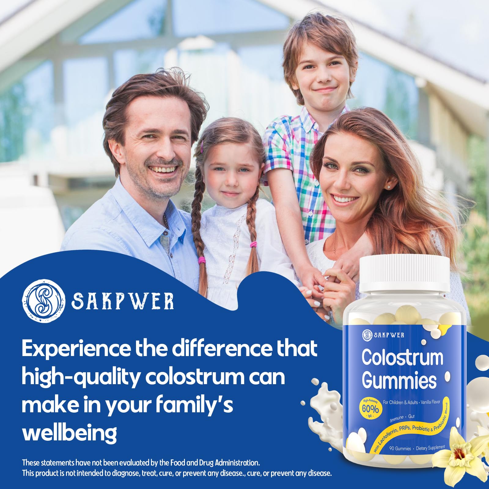 Sakpwer Bovine Colostrum Supplement Gummies - with 60% Highest IgG, Lactoferrin, Probiotics and Prebiotics for Adults and Kids, Vanilla Flavor & Sugar Free, 90 Gummies Sakpwer uk supplements