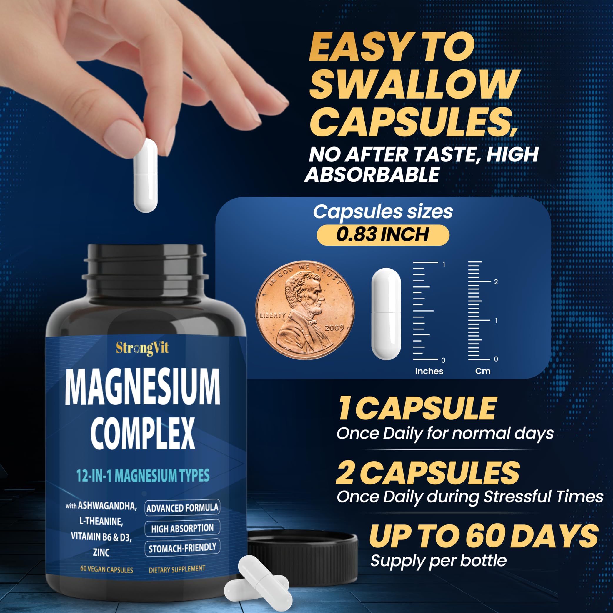 1000mg Magnesium Complex for Women and Men, 12 in 1 Magnesium Supplement with Ashwagandha, Zinc, D3, L-theanine. Easy to Swallow, High Absorption, Sleep Support & Stress Relief (60 Capsules) StrongVit uk supplements