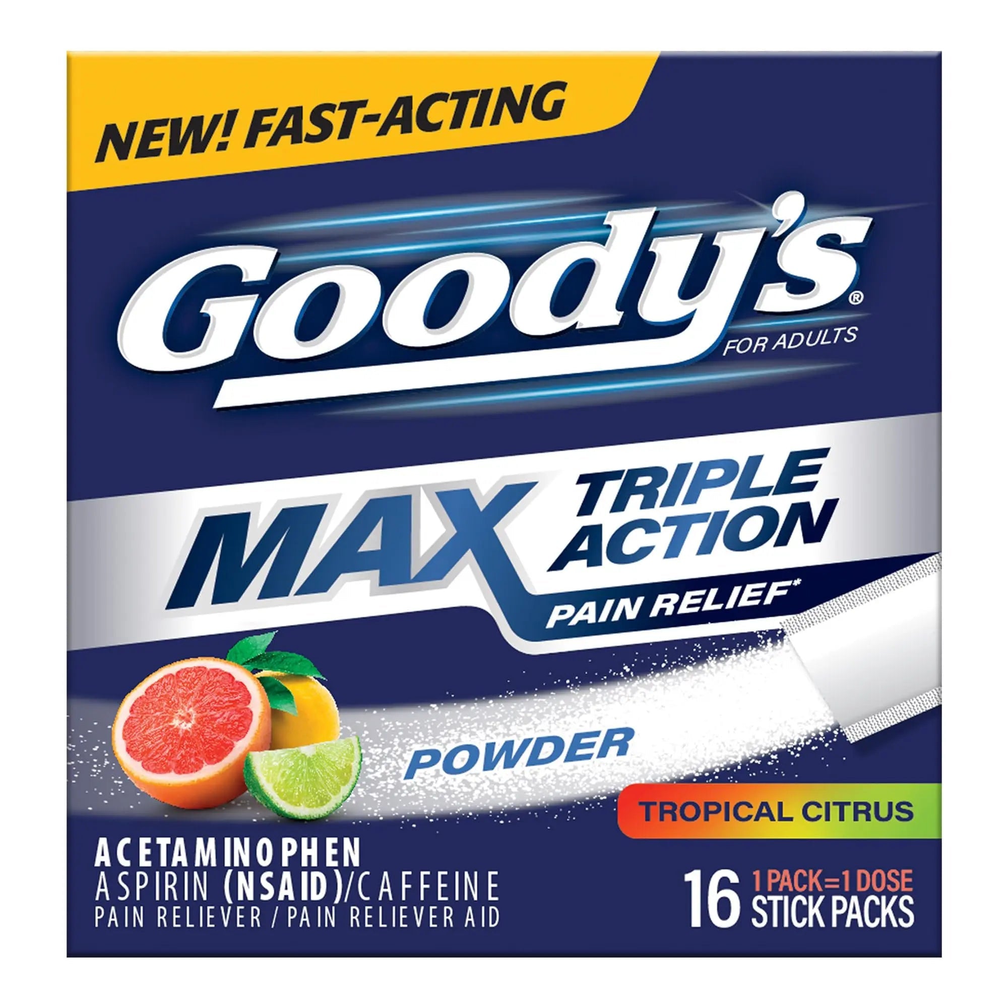 Goody’s Max Triple Action Pain Relief – Headache Relief Powder with Acetaminophen, Aspirin & Caffeine for Fast, Effective Relief of Tough Headaches, Tropical Citrus, 16 Count Goody's uk supplements