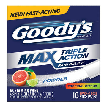 Goody’s Max Triple Action Pain Relief – Headache Relief Powder with Acetaminophen, Aspirin & Caffeine for Fast, Effective Relief of Tough Headaches, Tropical Citrus, 16 Count Goody's uk supplements