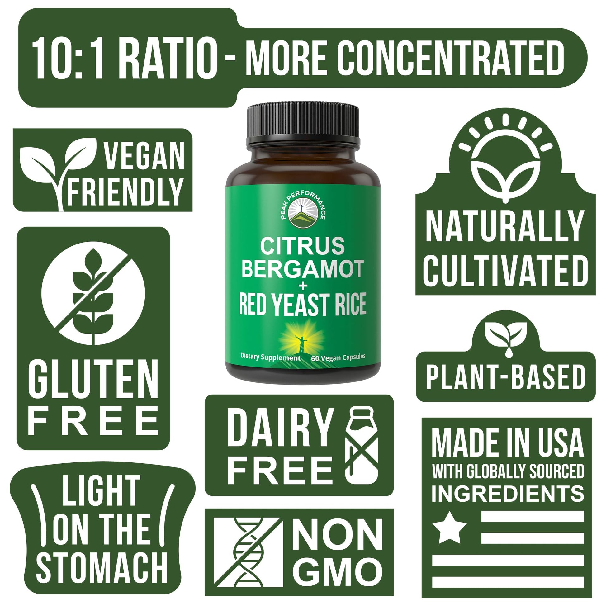 Citrus Bergamot + Red Yeast Rice. 2-in-1 Supplement. High Strength 10:1 Bergamot Extract. No Gluten, Zero Sugar, Vegan Capsules Peak Performance uk supplements