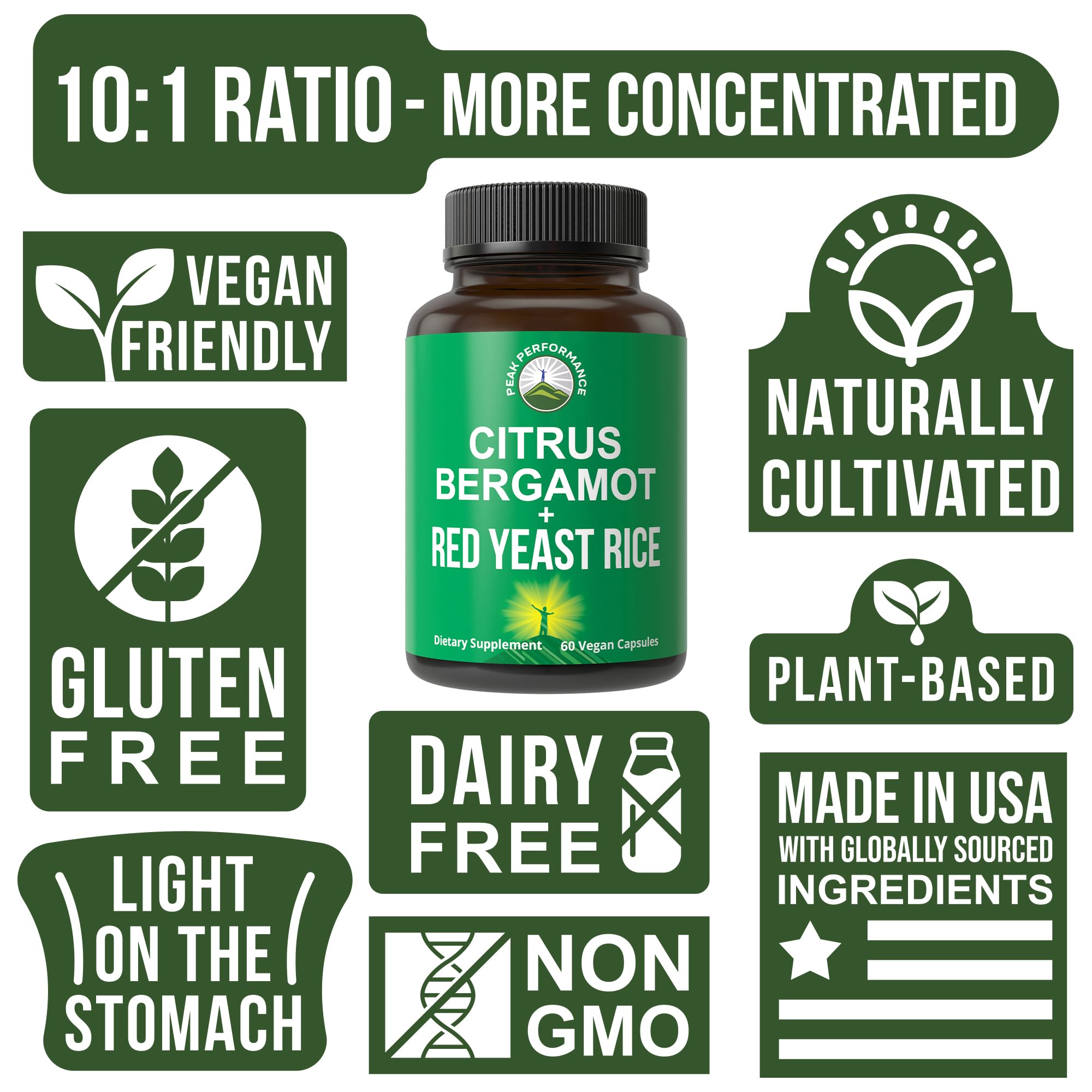 Citrus Bergamot + Red Yeast Rice. 2-in-1 Supplement. High Strength 10:1 Bergamot Extract. No Gluten, Zero Sugar, Vegan Capsules Peak Performance uk supplements
