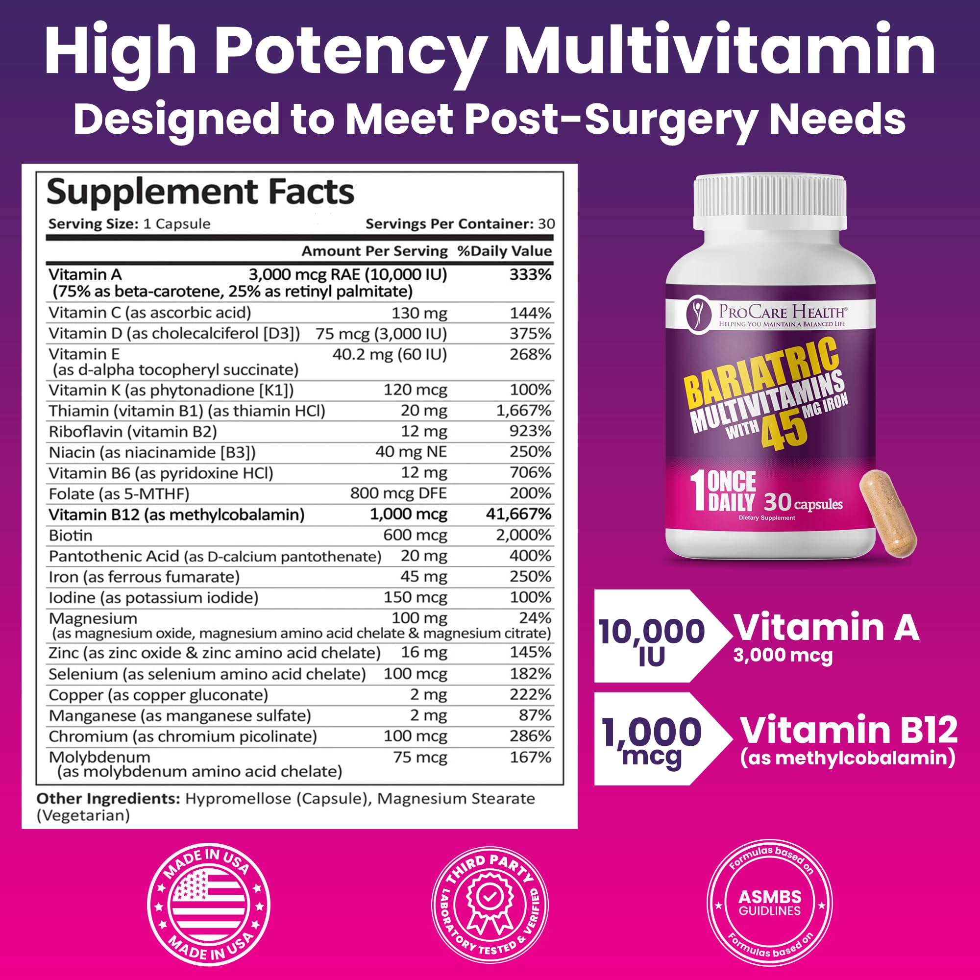 ProCare Health Bariatric Multivitamin with 45mg Iron (30 Easy to Swallow Capsules) - Once Daily Post-Op Support for Gastric Bypass ProCare Health uk supplements