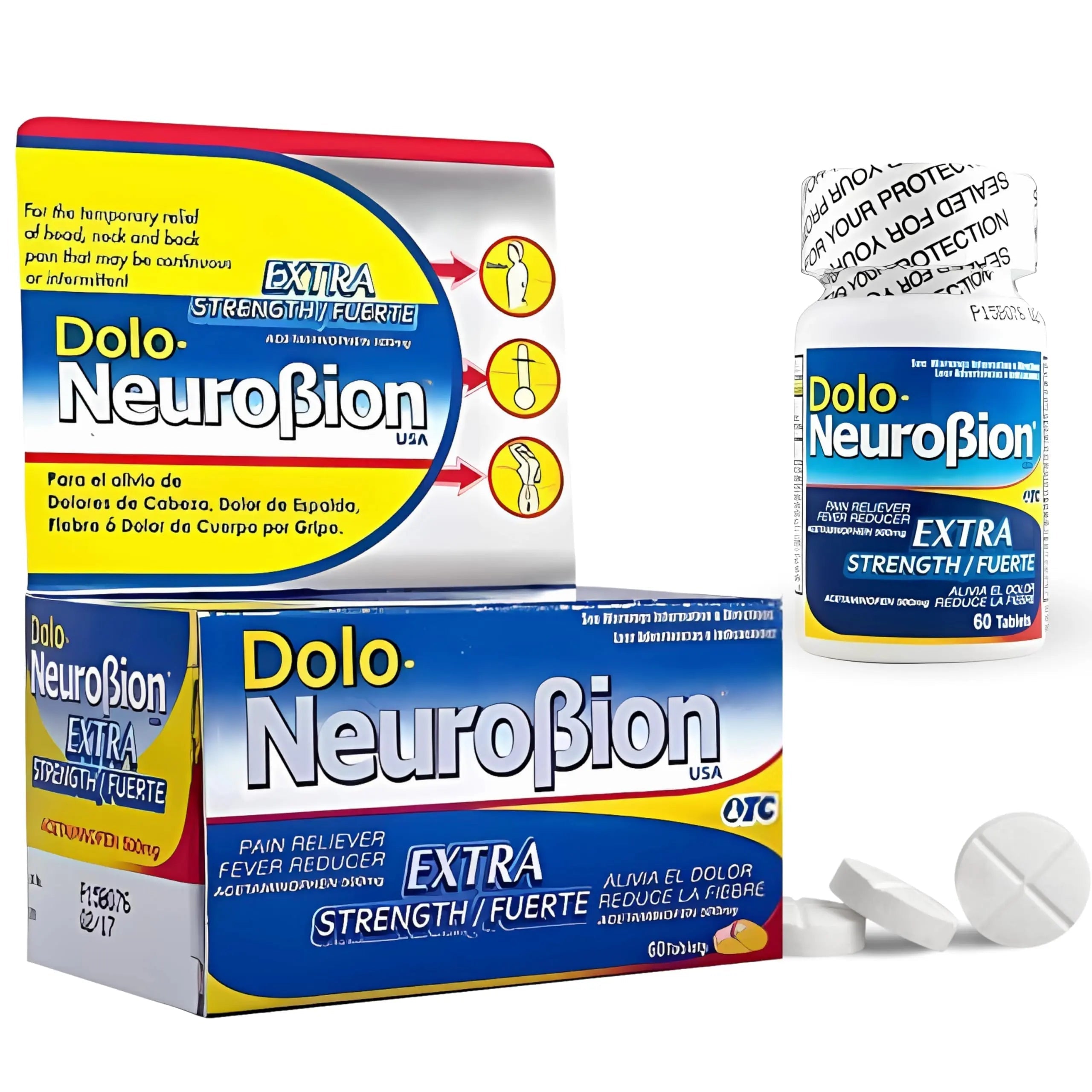 Dolo Neurobion Pain Reliever, Fever Reducer, Extra Strength. Alivia el Dolor,Reduce la Fiebre, Extra Fuerte. 60 Tablets. Acetaminophen 500 mg Neurobion uk supplements