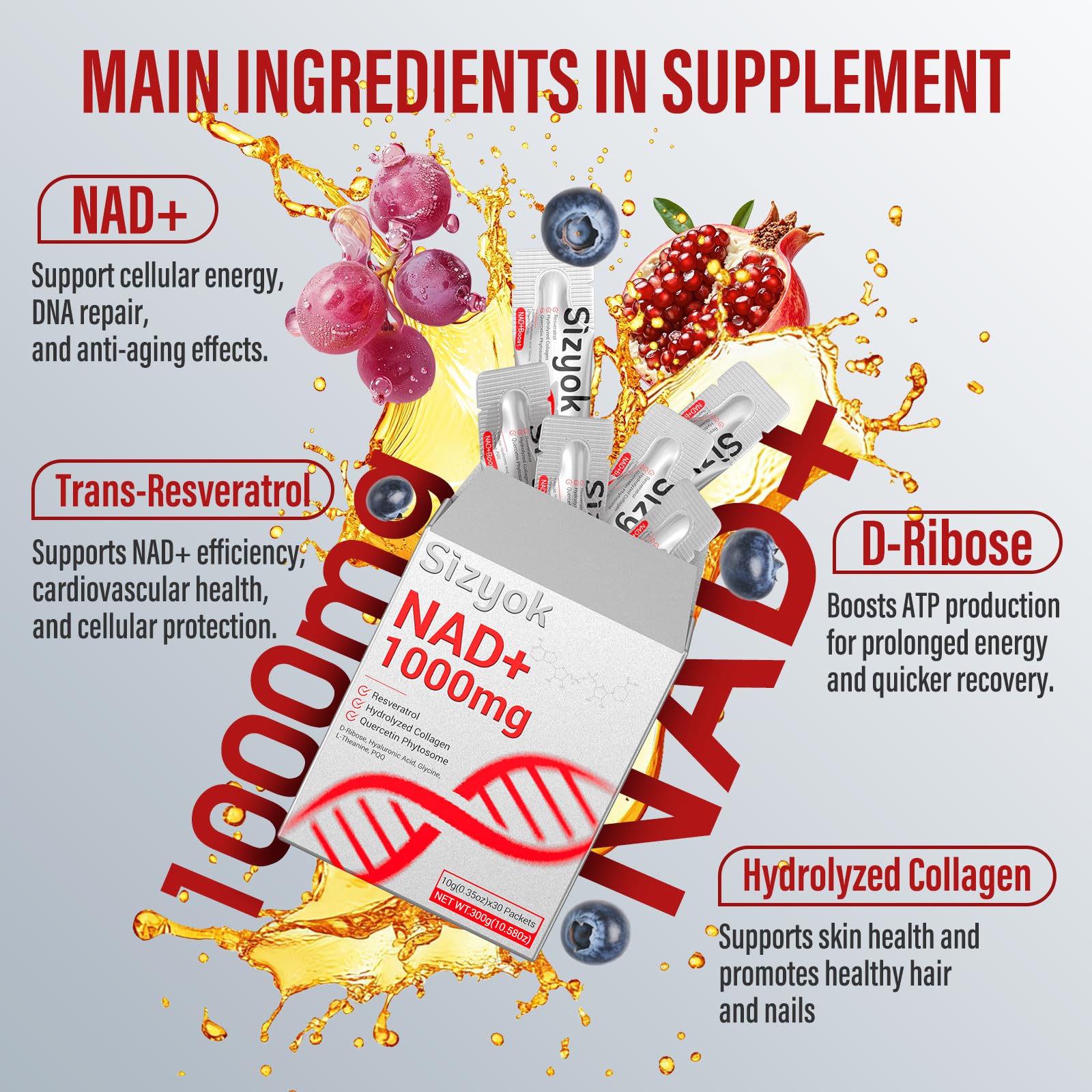 NAD+ Supplement 1000mg Liquid - High Absorption NAD+ with Trans Resveratrol 2000mg, Collagen & Hyaluronic Acid, Anti-Aging Energy Support for Women, Cellular Health & Longevity Boost Sizyok uk supplements