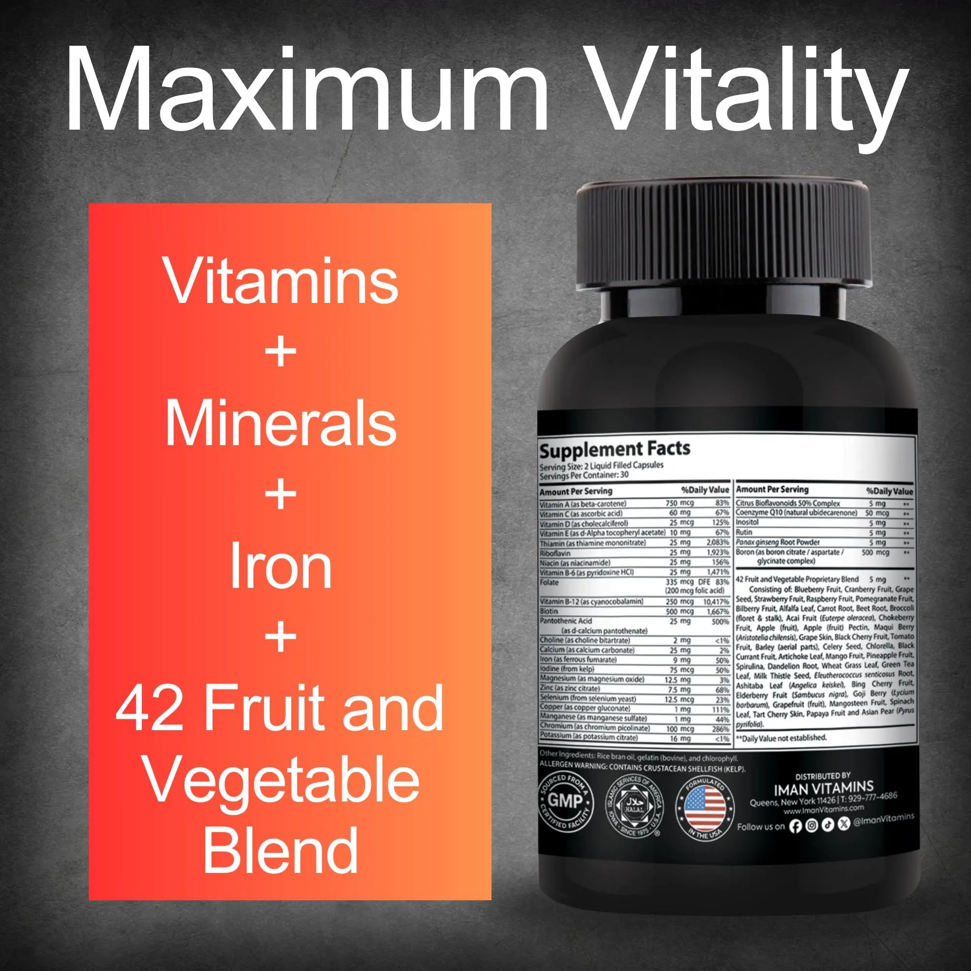 Iman Vitamins Halal Complete Multivitamin Capsules for Adults Men & Women | 42 Fruit & Vegetable Blend Iman Vitamins uk supplements