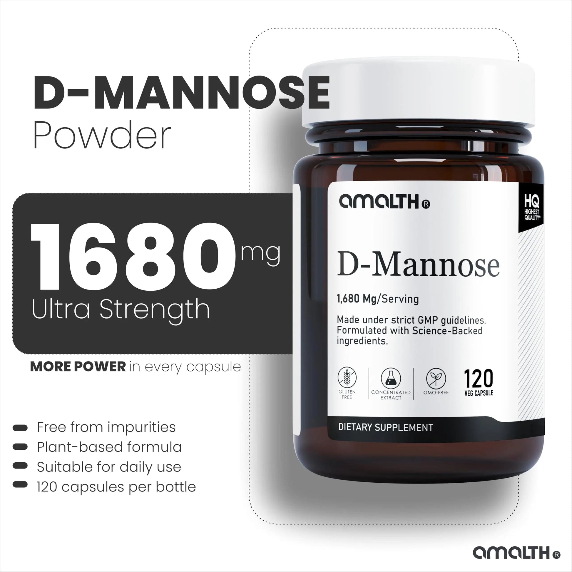 AMALTH D-Mannose Capsules 1680 mg per Serving, 120 Vegan Capsules, Pure Single Ingredient Mannose Supplement, Urinary Tract Support, UTI Wellness Support, Non GMO, Gluten Free AMALTH uk supplements