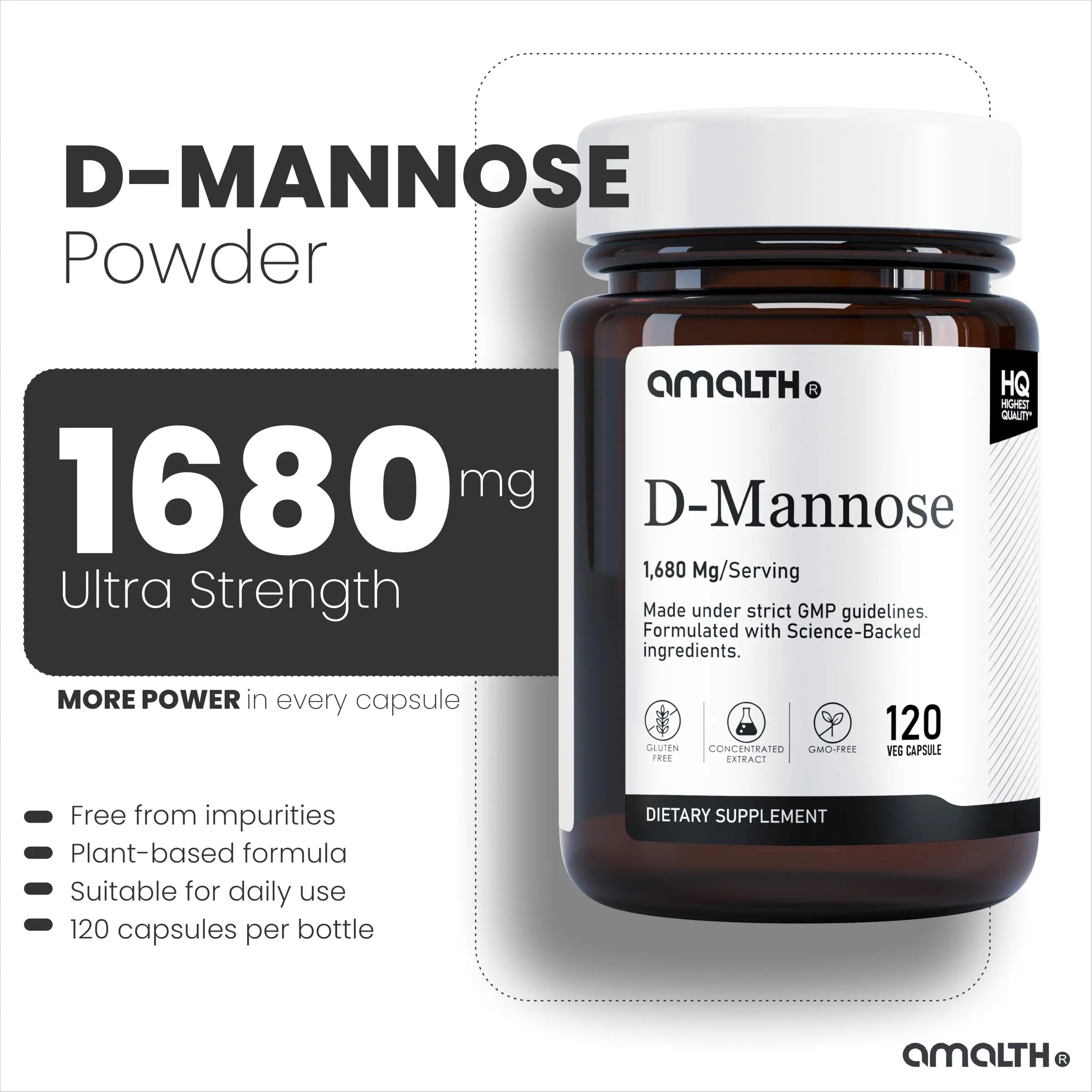 AMALTH D-Mannose Capsules 1680 mg per Serving, 120 Vegan Capsules, Pure Single Ingredient Mannose Supplement, Urinary Tract Support, UTI Wellness Support, Non GMO, Gluten Free AMALTH uk supplements
