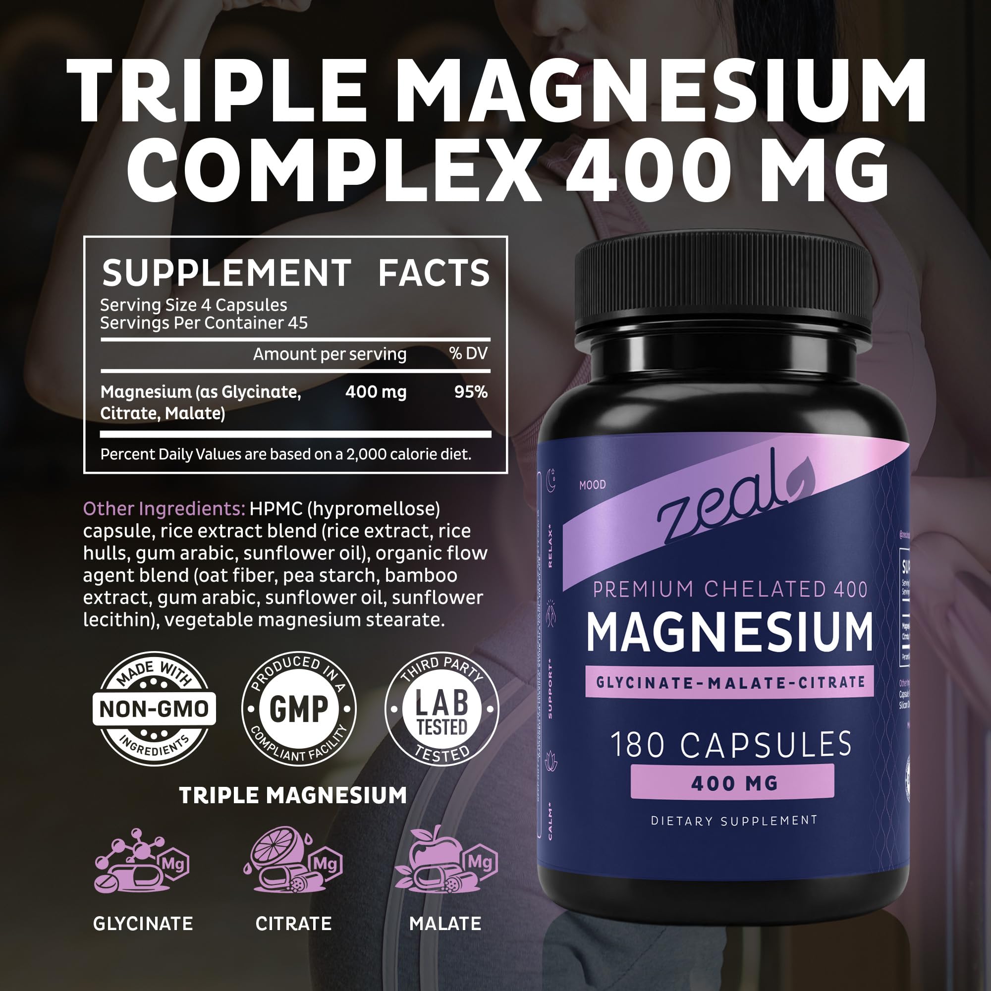 Zeal Naturals Triple Magnesium Complex Supplement - Glycinate, Malate, Citrate | 400mg, 180 Capsules | High Absorption Chelated Magnesium for Sleep, Mood, Muscle Recovery, Relaxation Zeal Naturals uk supplements