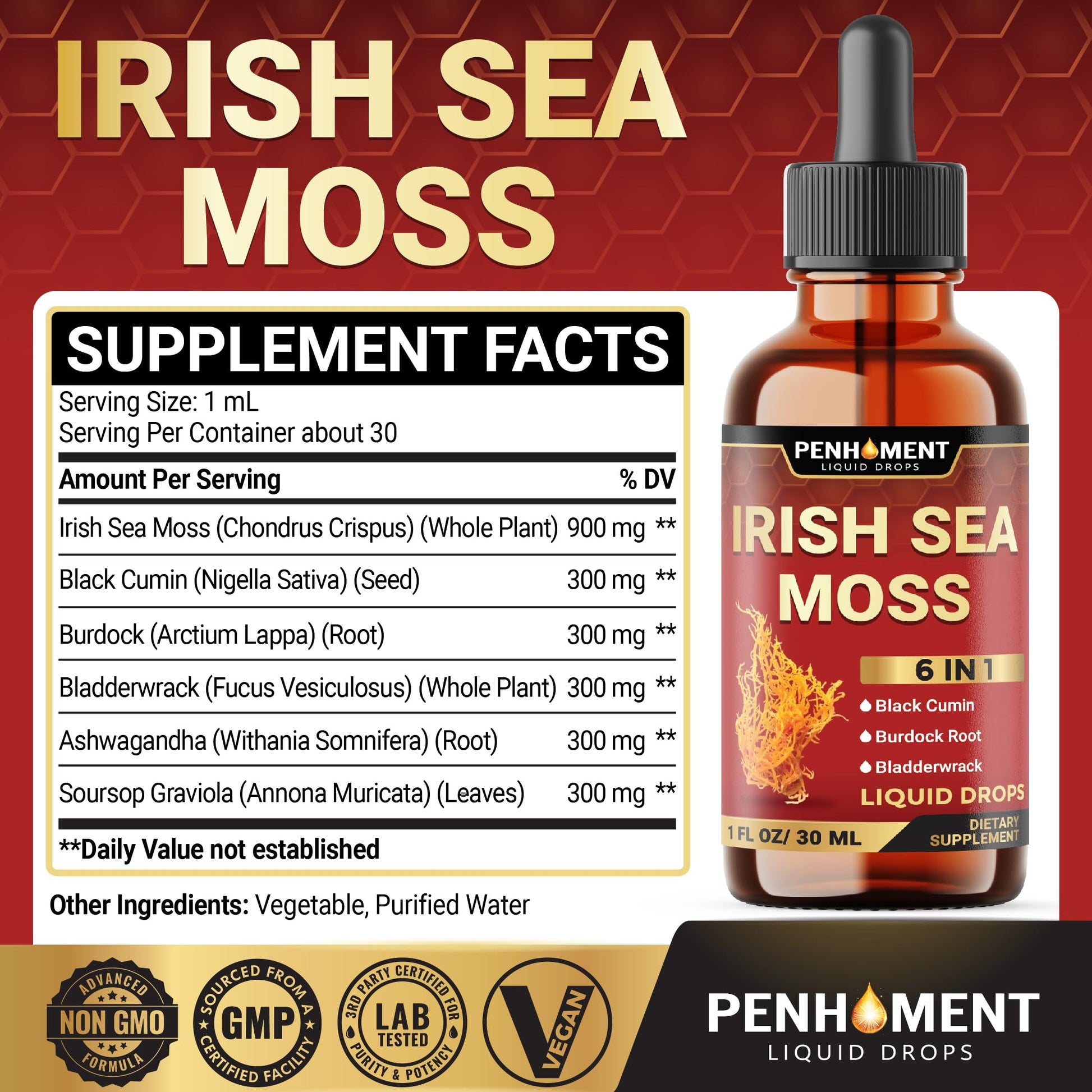 Penhoment 6in1 Sea Moss Drops with Black Seed Oil Irish Seamoss, Ashwagandha, Burdock Root & Bladderwrack - 1FL Oz - 30 Day Supply Penhoment uk supplements
