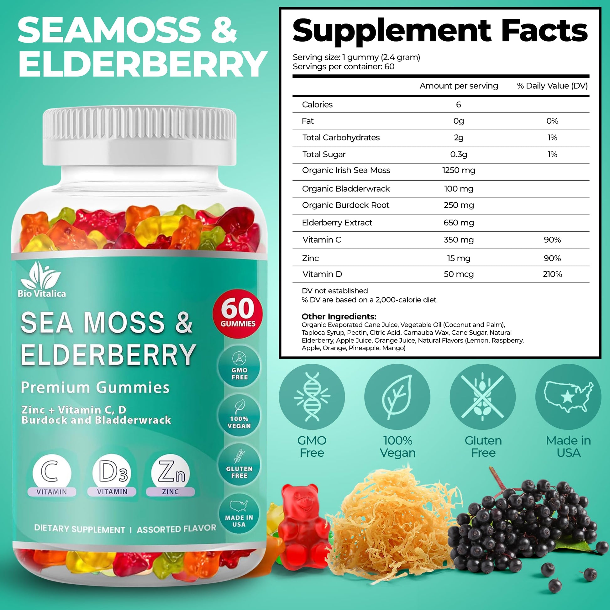 BIO VITALICA Irish Sea Moss Gummies with Elderberry – USA Made Vegan Gummies with Vitamin C, D & Zinc – Immune Support Supplement with Bladderwrack & Burdock Root for Adults & Kids – 3 Packs BIO VITALICA uk supplements