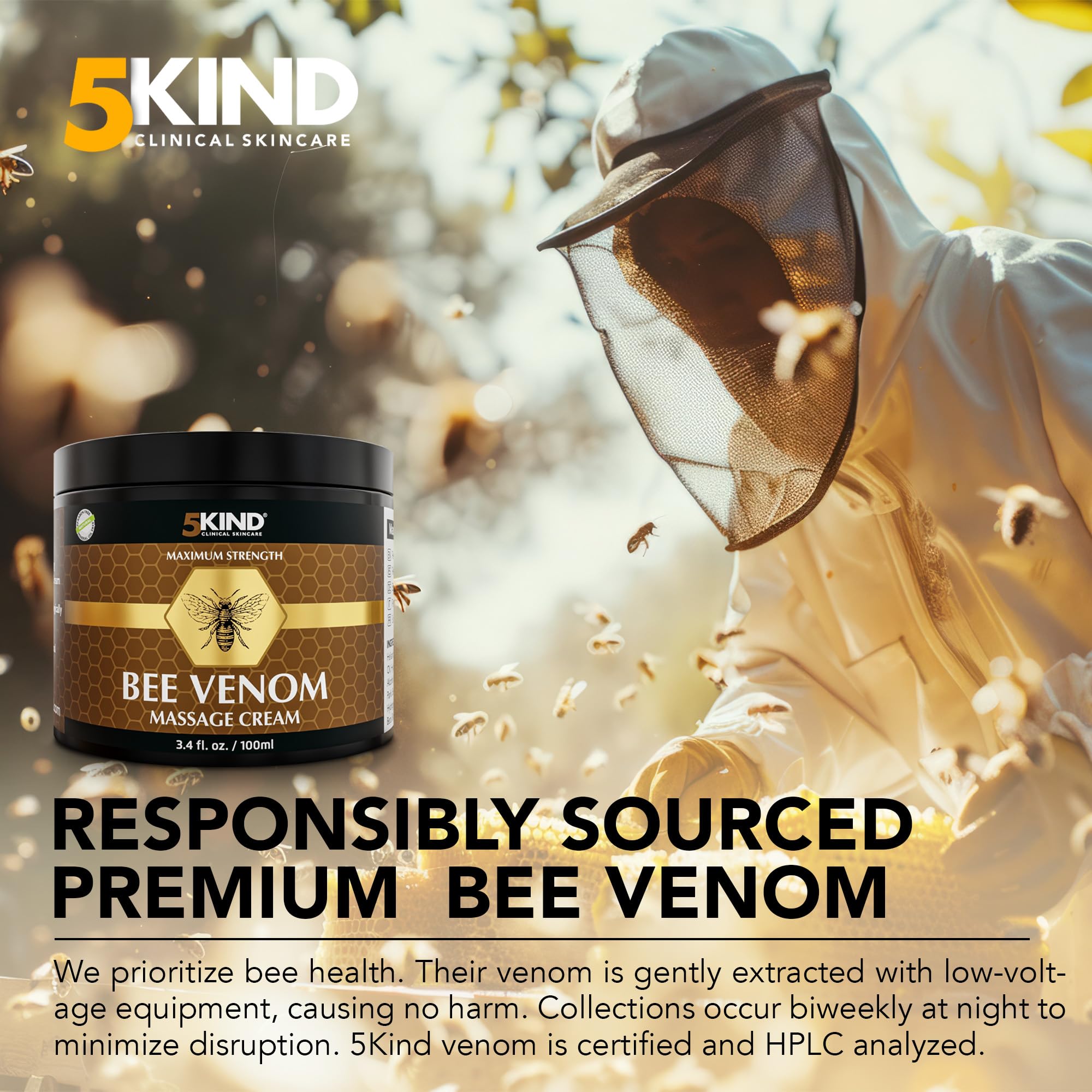 5kind Maximum Strength Bee Venom Cream - Naturally Massage Joints & Muscles, Lower Back, Knee, Neck, Shoulder, Hip & Feet - Responsibly Sourced Premium Bee Venom Cream 3.4 Fl Oz 5kind clinical skincare uk supplements