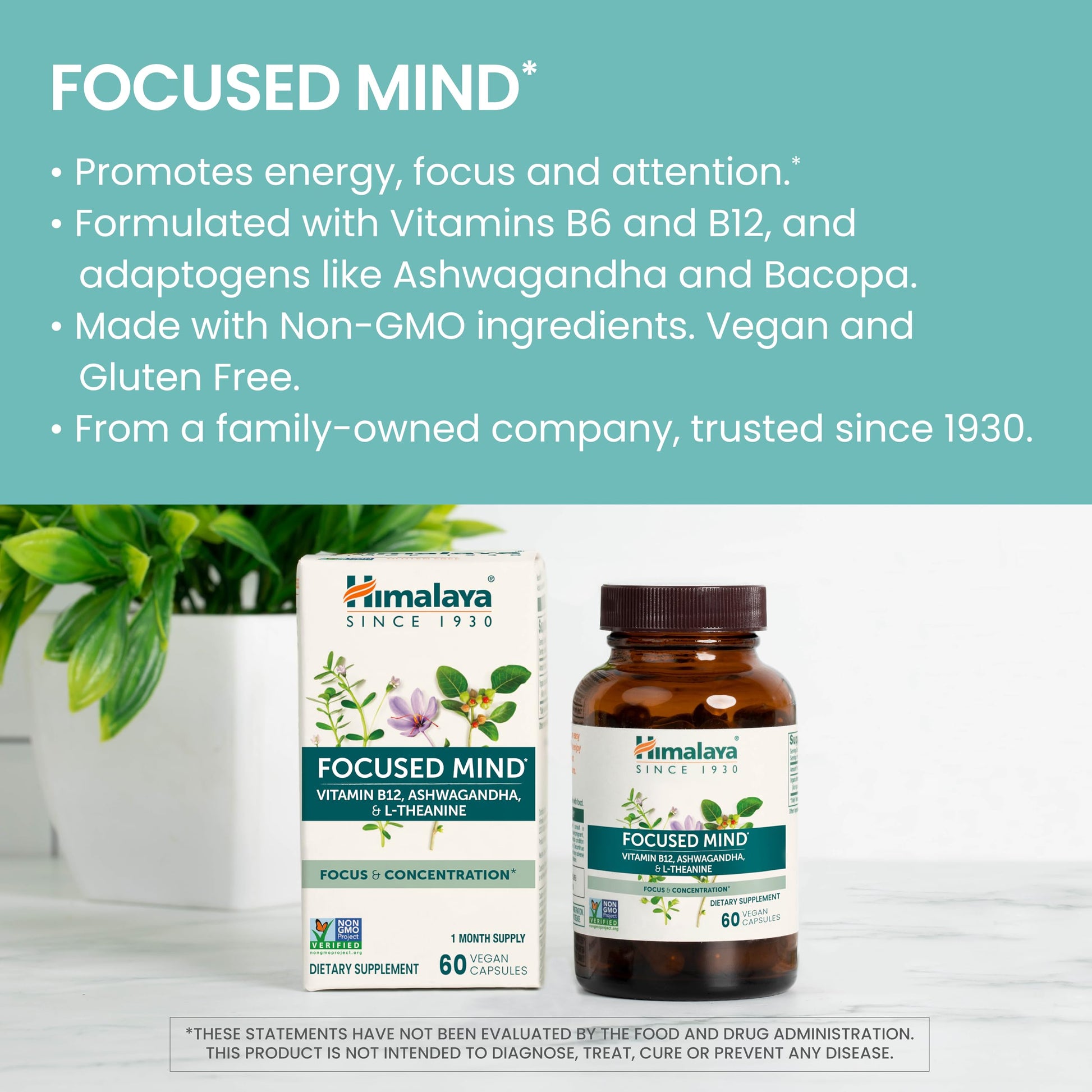 Himalaya Focused Mind Supplement, with Ashwagandha, Bacopa & L-Theanine for Attention, Focus and Energy Support, 60 Vegan Capsules, Gluten Free, 1 Month Supply Himalaya uk supplements