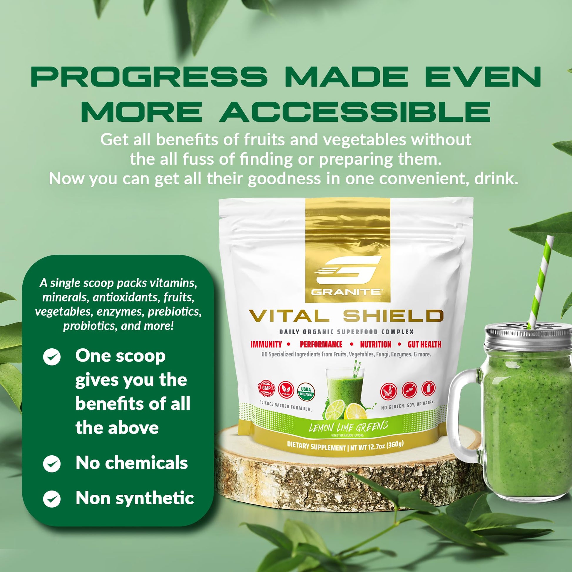 Granite Nutrition Vital Shield - USDA Organic Superfood Greens with Mushrooms & Tart Cherry – Supports Energy, Immune Function & Digestive Health – Lemon Lime Flavor (30 Servings) Granite Supplements uk supplements
