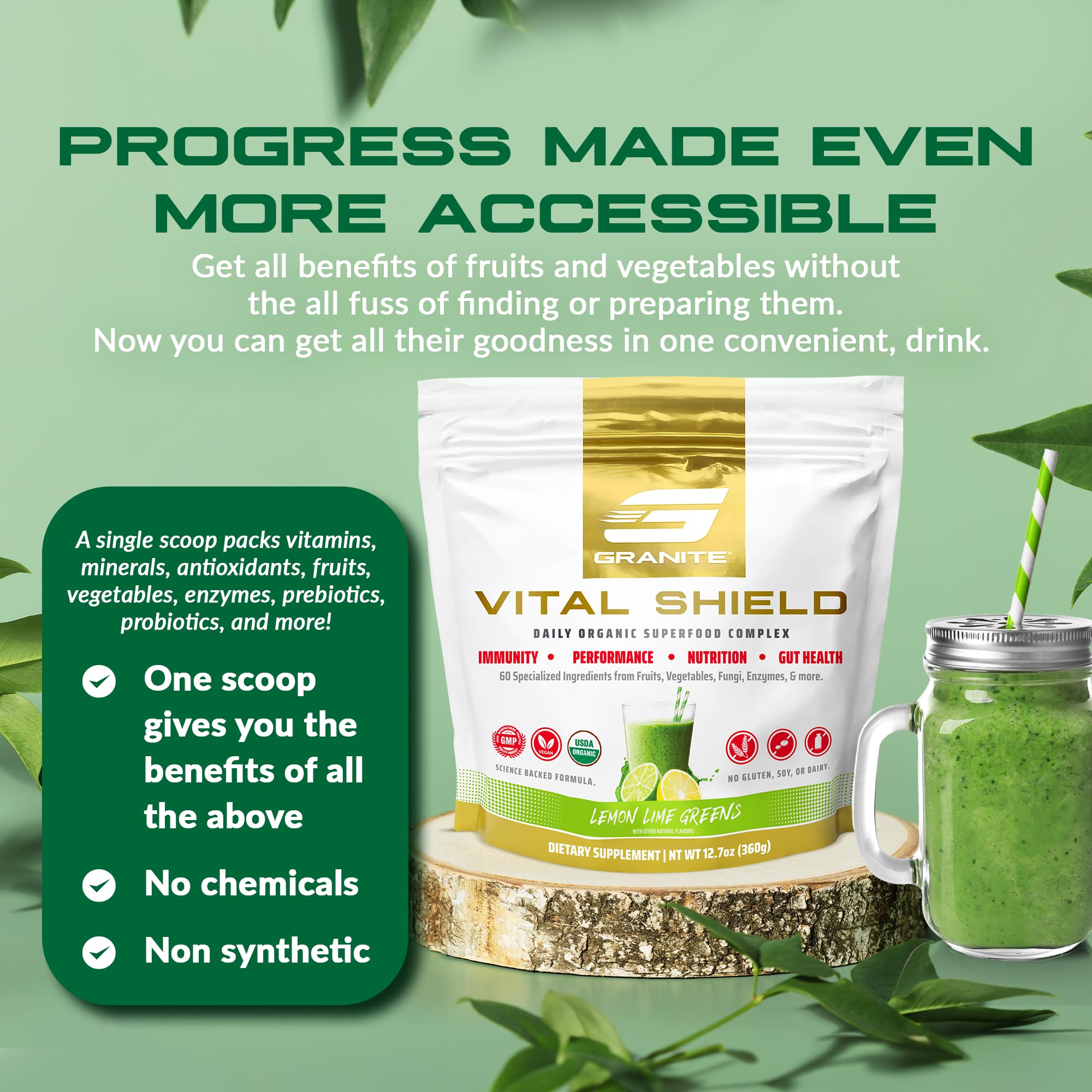 Granite Nutrition Vital Shield - USDA Organic Superfood Greens with Mushrooms & Tart Cherry – Supports Energy, Immune Function & Digestive Health – Lemon Lime Flavor (30 Servings) Granite Supplements uk supplements