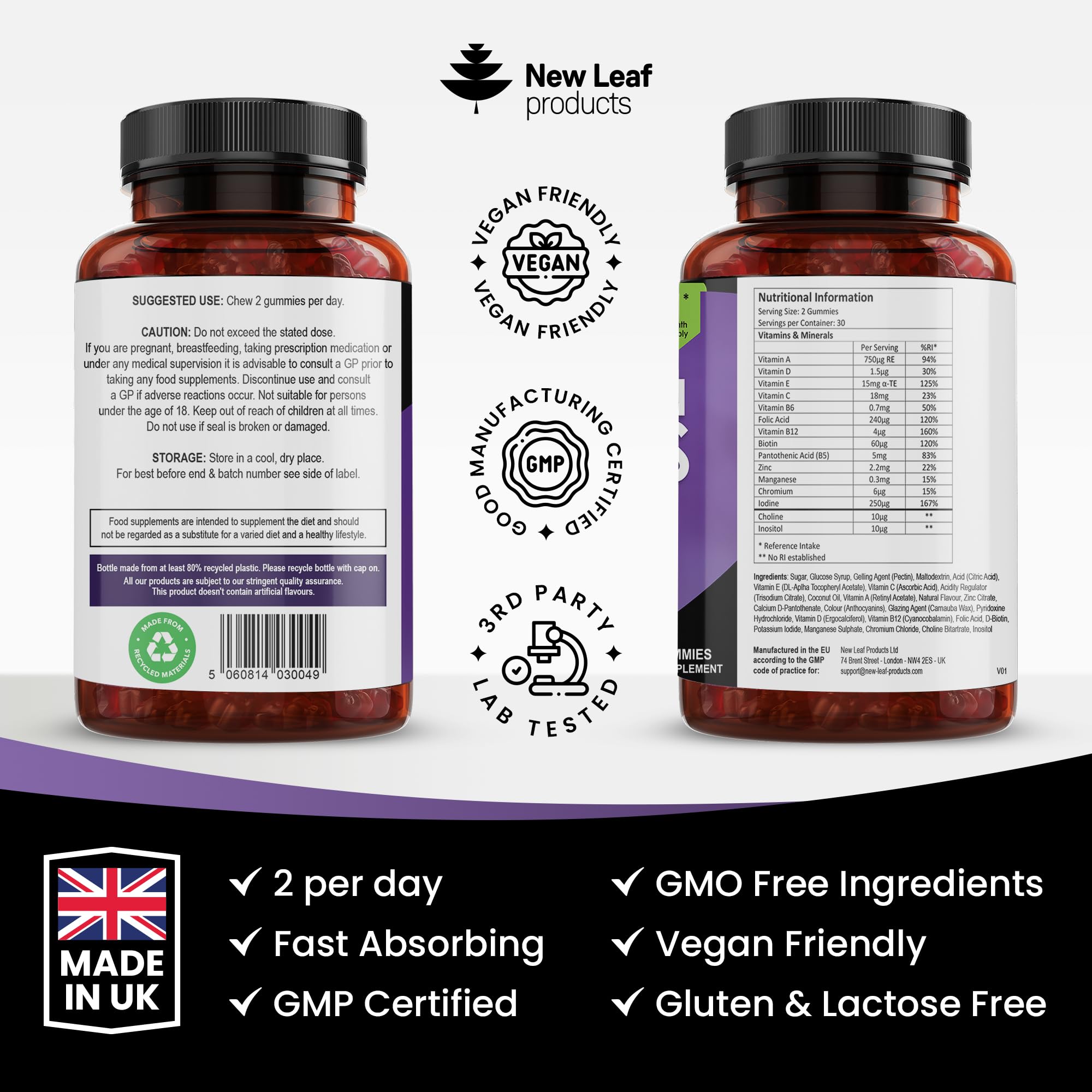 Multivitamin Gummies High Strength for Men Women - Vegetarian +14 Essential Vitamins NEW LEAF PRODUCTS uk supplements