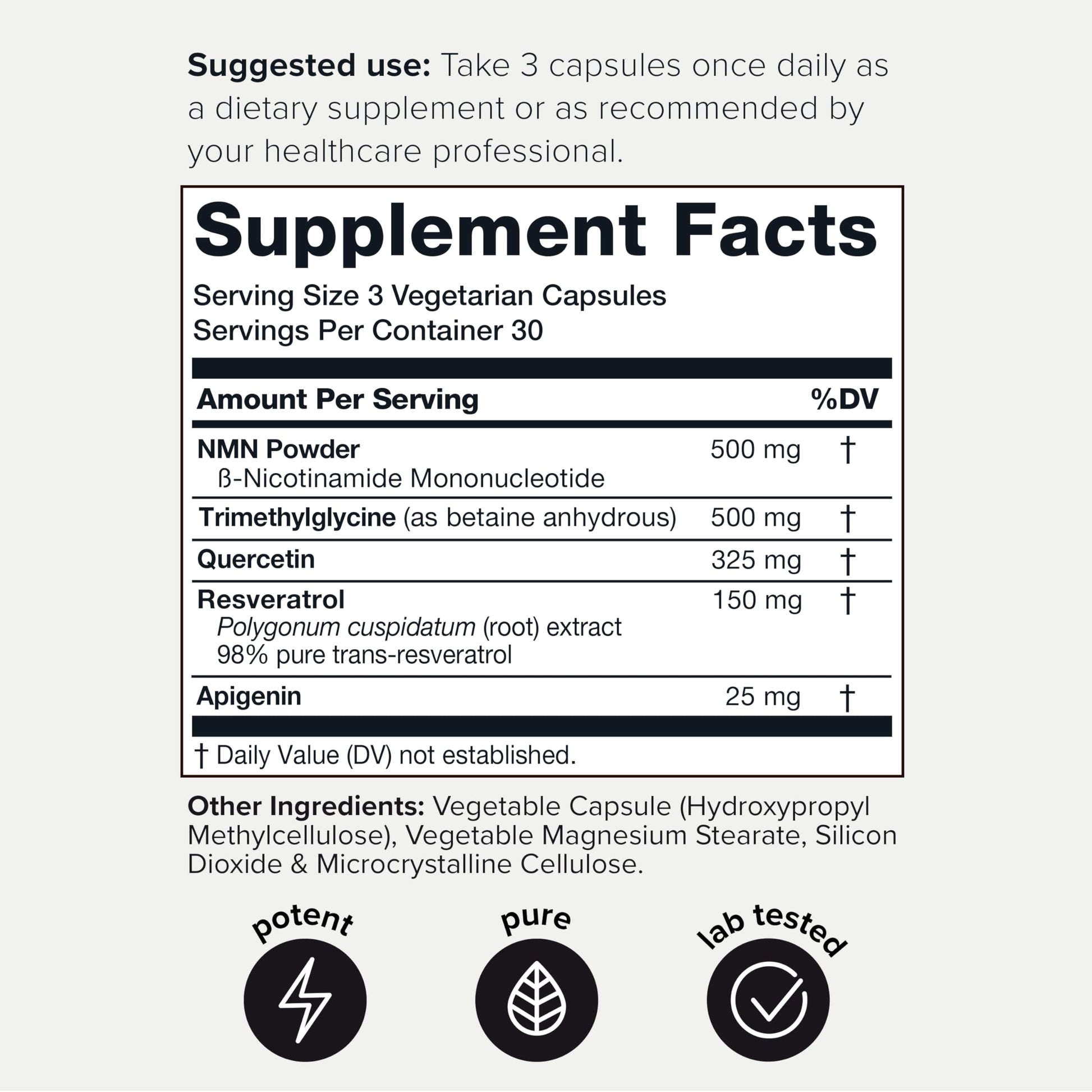 1500mg NMN Supplement with Resveratrol – High Potency Nicotinamide Mononucleotide 500mg with Trimethylglycine, Quercetin, Resveratrol & Apigenin – Pure NMN Capsules – Third-Party Tested – 30 Servings Toniiq uk supplements