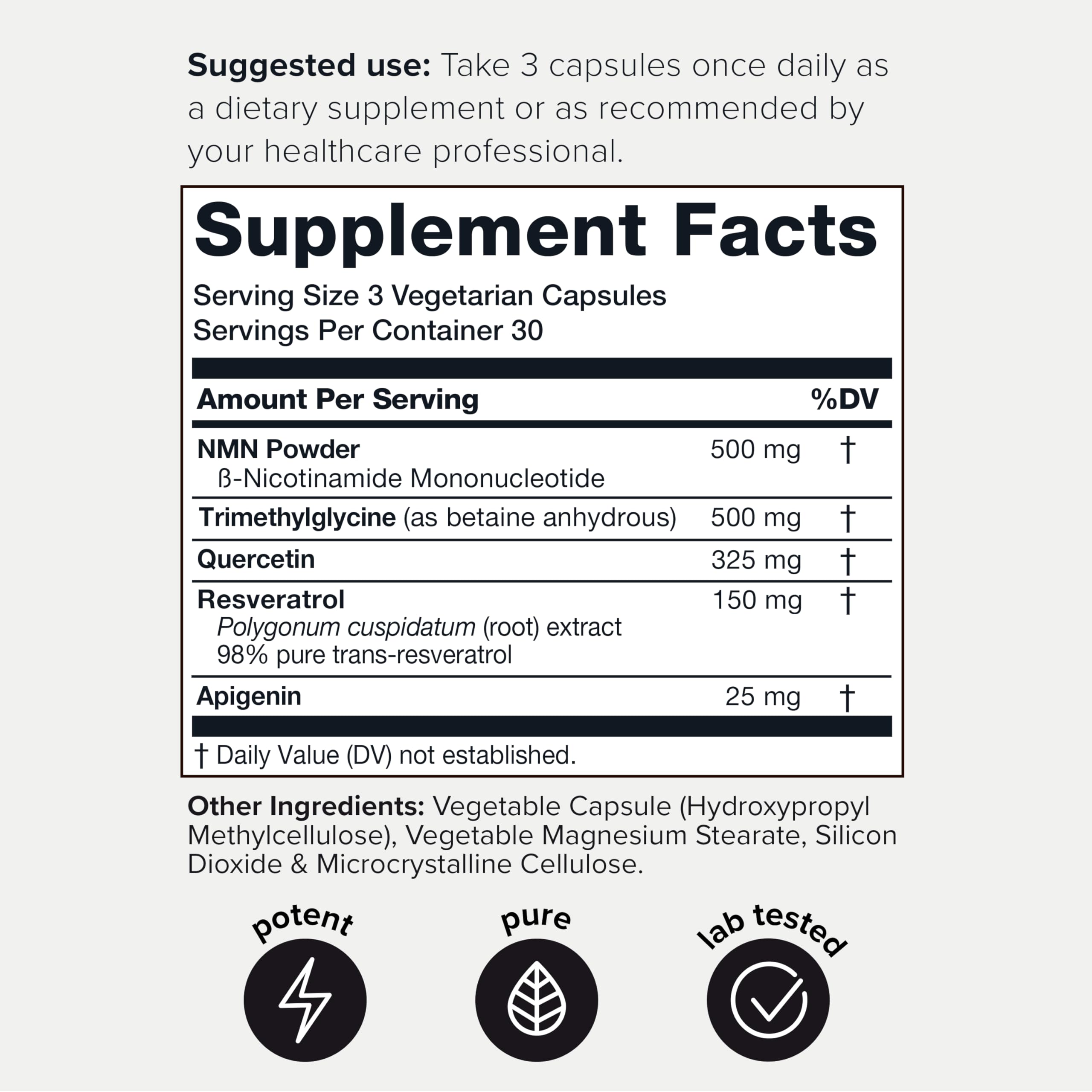 1500mg NMN Supplement with Resveratrol – High Potency Nicotinamide Mononucleotide 500mg with Trimethylglycine, Quercetin, Resveratrol & Apigenin – Pure NMN Capsules – Third-Party Tested – 30 Servings Toniiq uk supplements