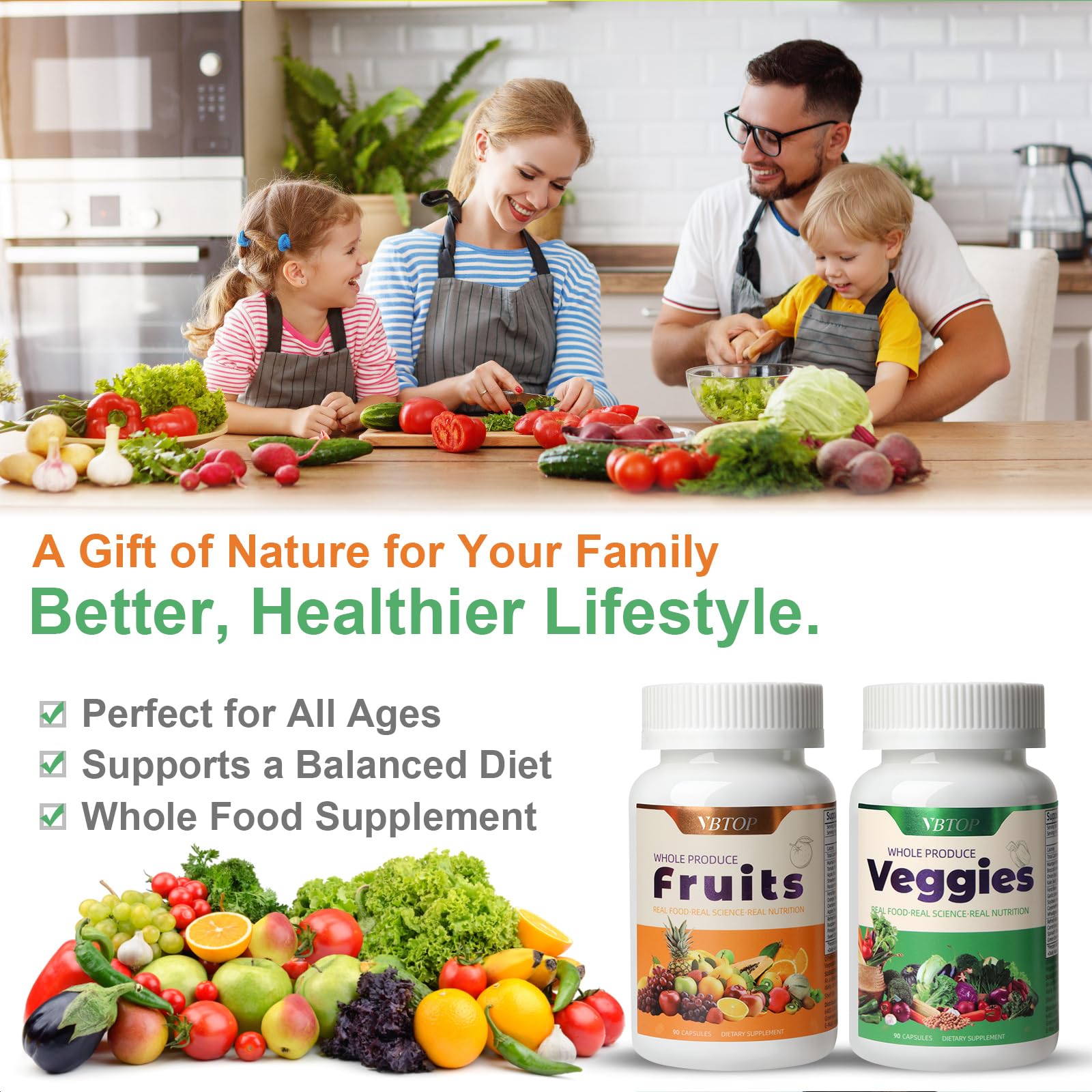 VBTOP Fruit & Vegetable Supplement - Natural Ingredients - 2 Bottles - 180 Capsules Total | A Blend of 20+19 Natural Whole Fruits & Vegetables, a Fresh superfood Formula Rich in Vitamins and Minerals VBTOP uk supplements