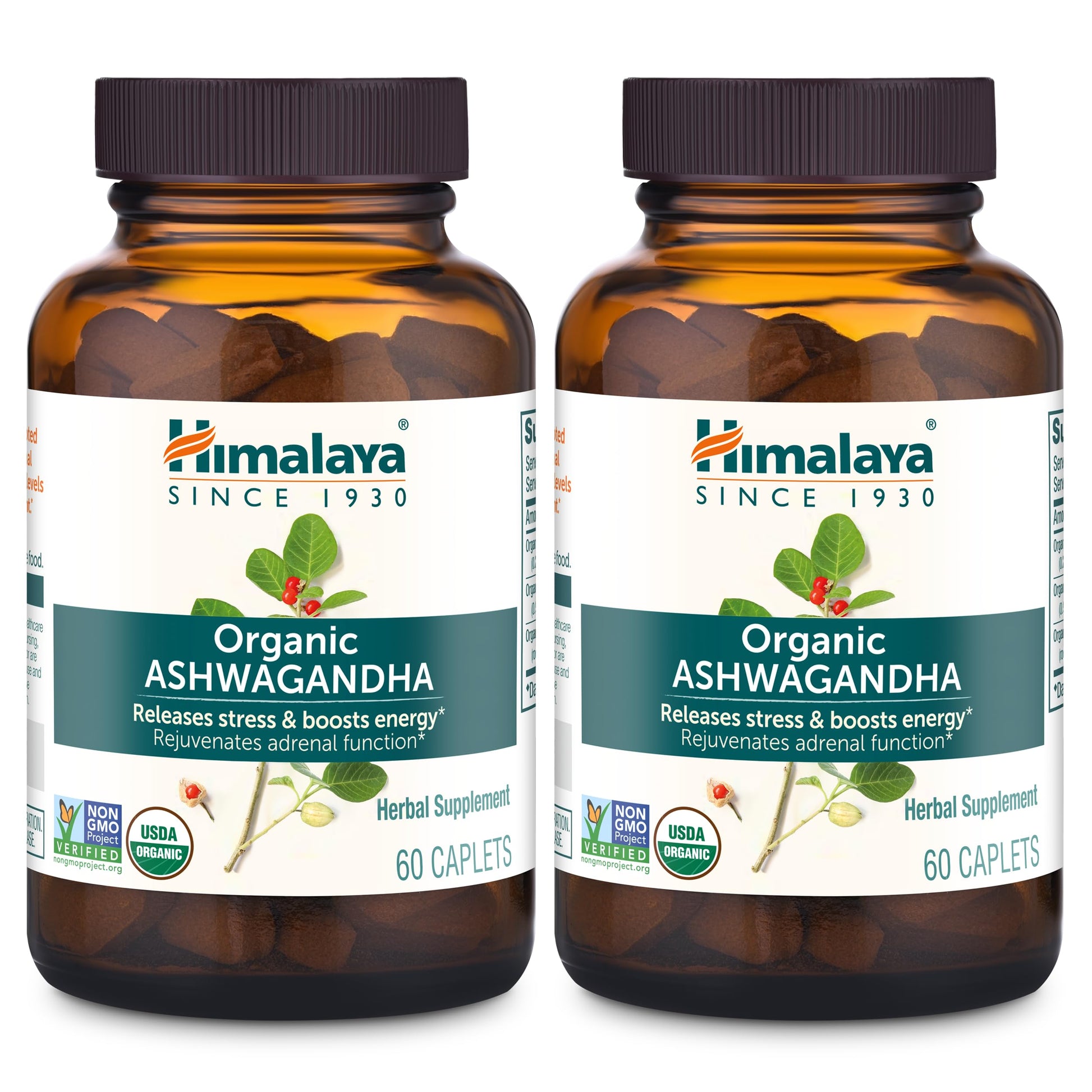 Himalaya Organic Ashwagandha Root, 120 Day Supply - Herbal Adrenal Support Supplements for Stress Relief and Energy Support - USDA Organic, Non-GMO, Vegan, Gluten Free, 60 Caplets, 2 Pack Himalaya uk supplements