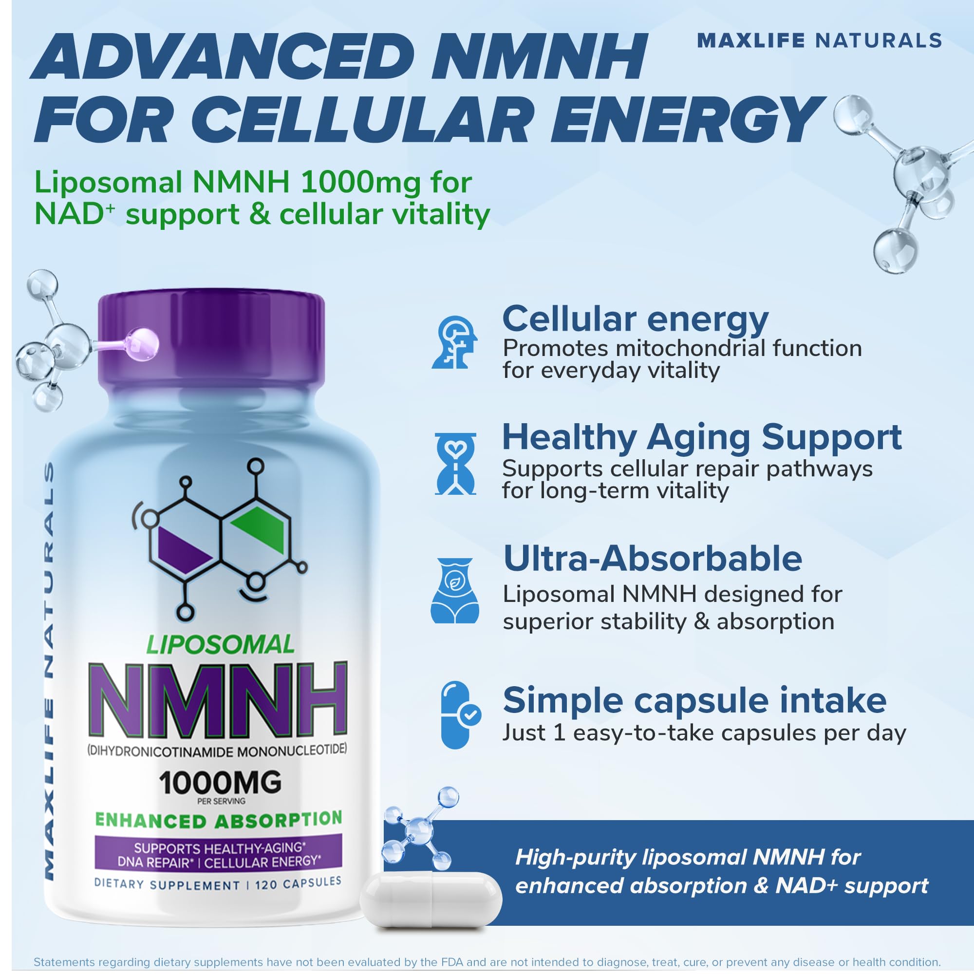 Liposomal NMNH 1000mg - 120 Capsules, Dihydronicotinamide Mononucleotide NAD+ Precursor - Ultra-Absorbable NAD Plus Complex, Liposomal NMN Supplements Capsules for Aging Support & Cellular Energy MAXLIFE NATURALS uk supplements
