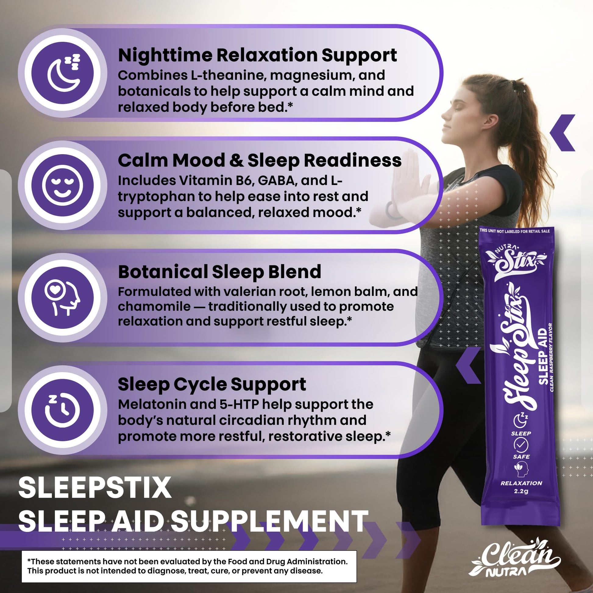 Sleep Aid Melatonin Powder Tryptophan Glycine Valerian Root Magnesium For Sleep Lemon Balm L Theanine Magnesium Glycinate Zinc Sleep Aid Myo Inositol GABACalm B6 5 HTP Stress Relief 20 Stix Clean Nutraceuticals uk supplements