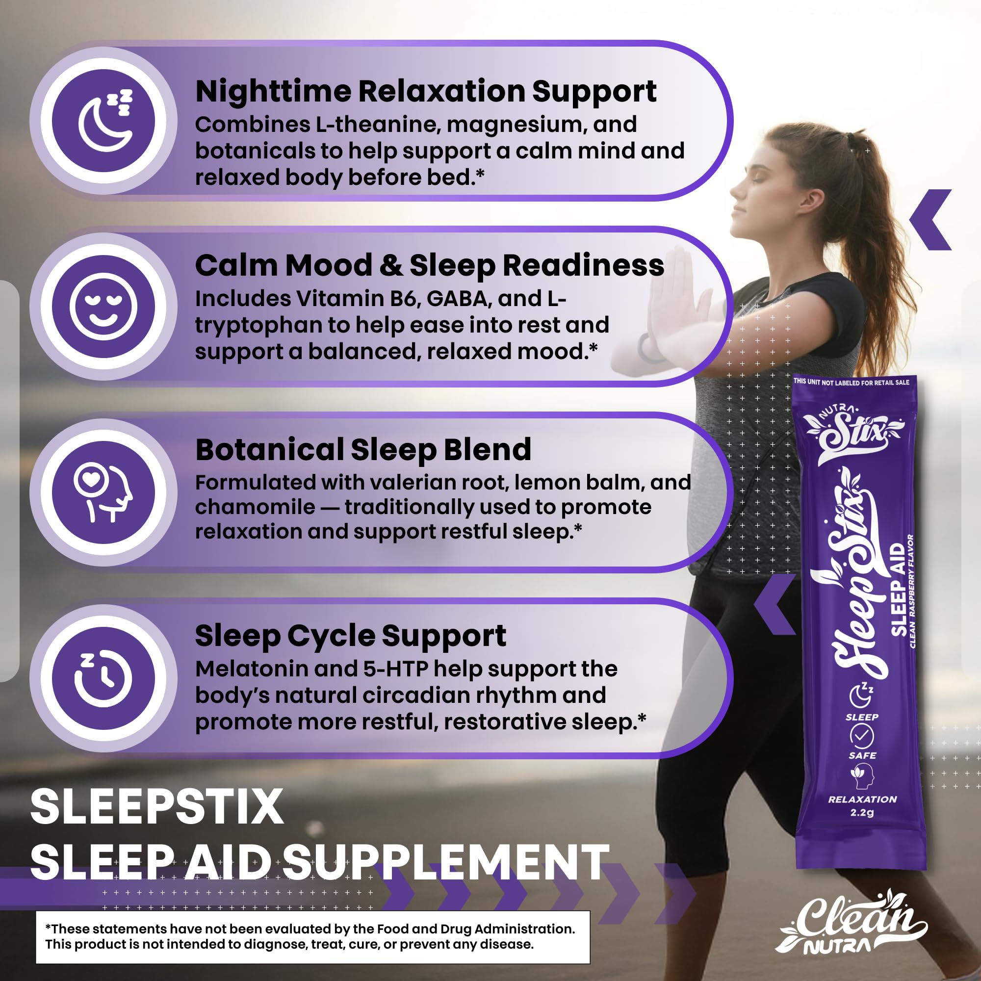 Sleep Aid Melatonin Powder Tryptophan Glycine Valerian Root Magnesium For Sleep Lemon Balm L Theanine Magnesium Glycinate Zinc Sleep Aid Myo Inositol GABACalm B6 5 HTP Stress Relief 20 Stix Clean Nutraceuticals uk supplements