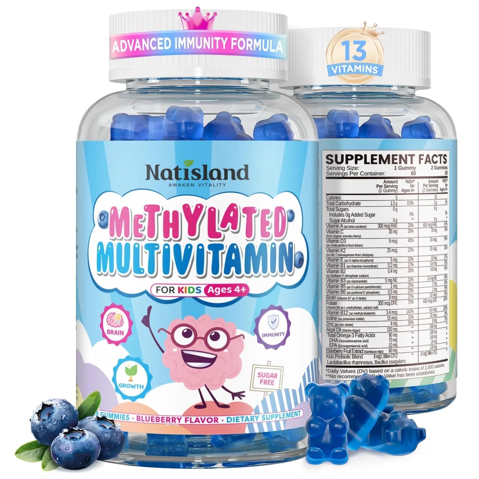 Kids Methylated Multivitamin - MTHFR Multivitamin for Kids & Teens 4+, L Methylfolate & B12, 13 Vitamins, Vegan Omega-3 NATISLAND uk supplements