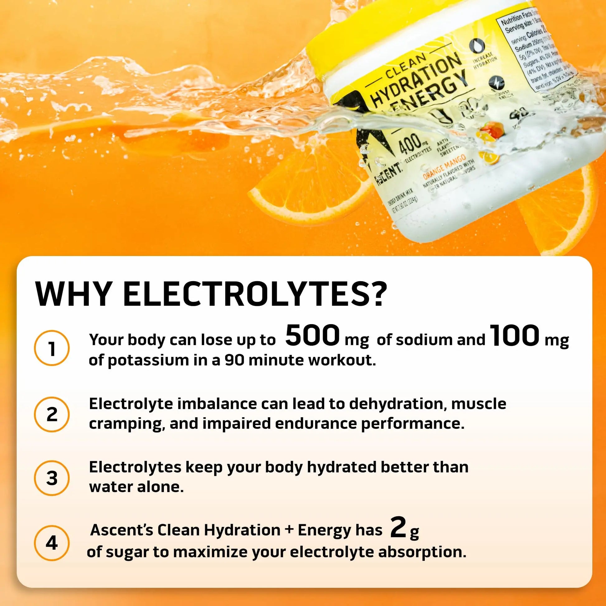 Ascent Clean Hydration + Energy Electrolytes Powder - 100mg Caffeine, 400mg Electrolytes, No Artificial Ingredients, Orange Mango 40 Servings Ascent uk supplements