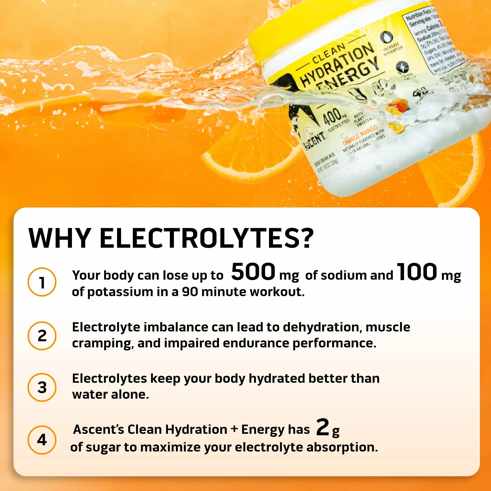 Ascent Clean Hydration + Energy Electrolytes Powder - 100mg Caffeine, 400mg Electrolytes, No Artificial Ingredients, Orange Mango 40 Servings Ascent uk supplements