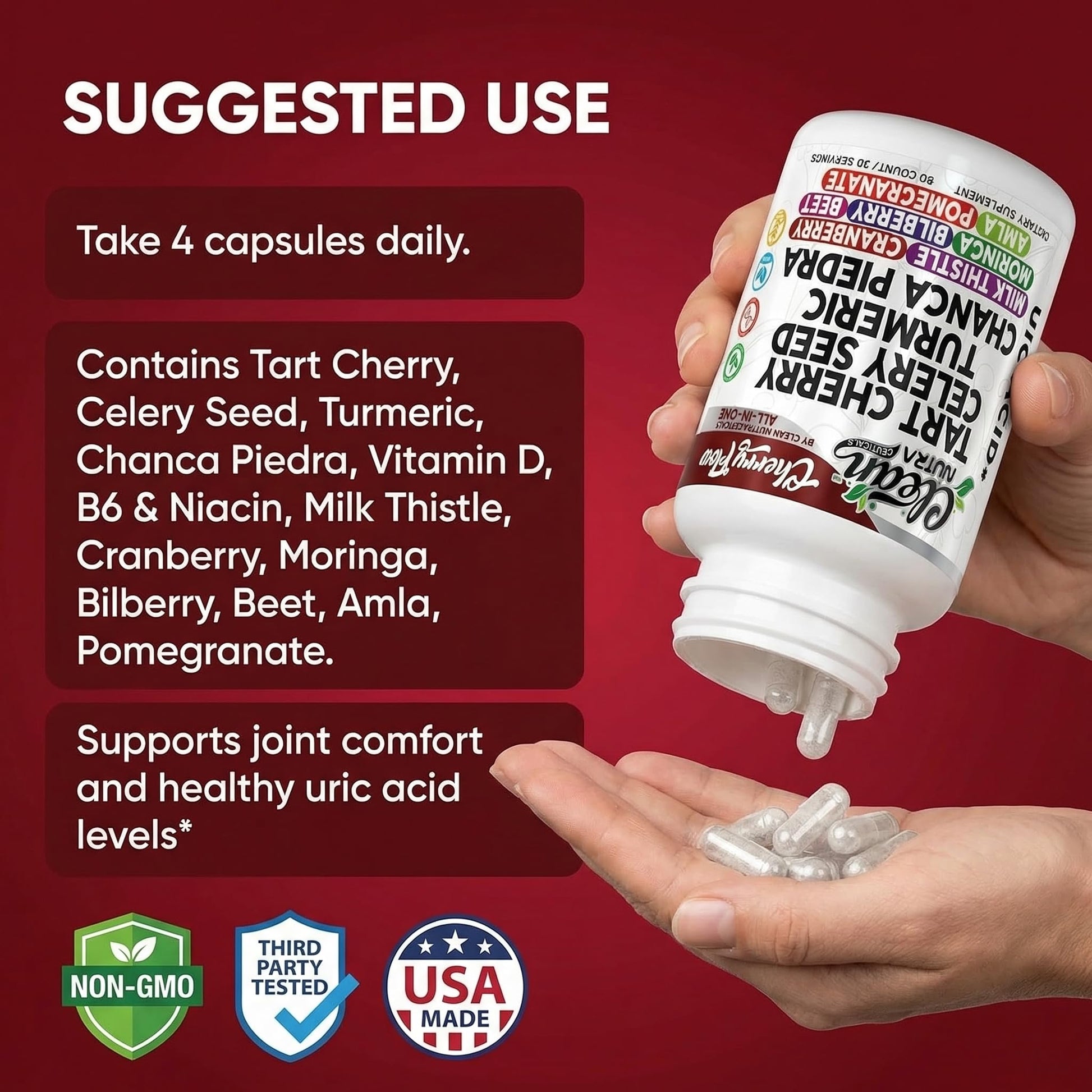 Cherry Flow Tart Cherry Capsules Uric Acid Support Celery Seed Turmeric Chanca Piedra Vitamin D Vitamin B6 Niacin Milk Thistle Moringa Extract Pomegranate Beets 90 Count By Clean Nutra Clean Nutraceuticals uk supplements